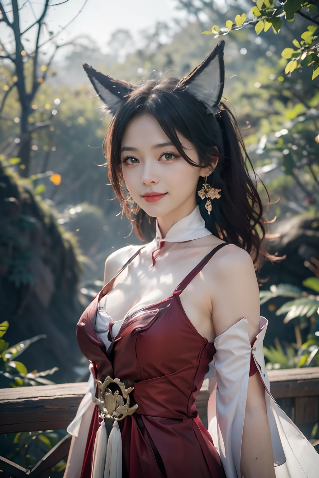 (POV, best quality,4k,8k,highres,masterpiece:1.3),ultra-detailed,(realistic,photography,photo-realistic:1.37), smooth, smooth skin texture, real life, 1girl, fox girl, green eyes, naughty, smiling, TingYun, tingyun from Honkai Starrail, earrings, wandering in the forest, red riding hood, sexy, misty, medium breasts, walking with you