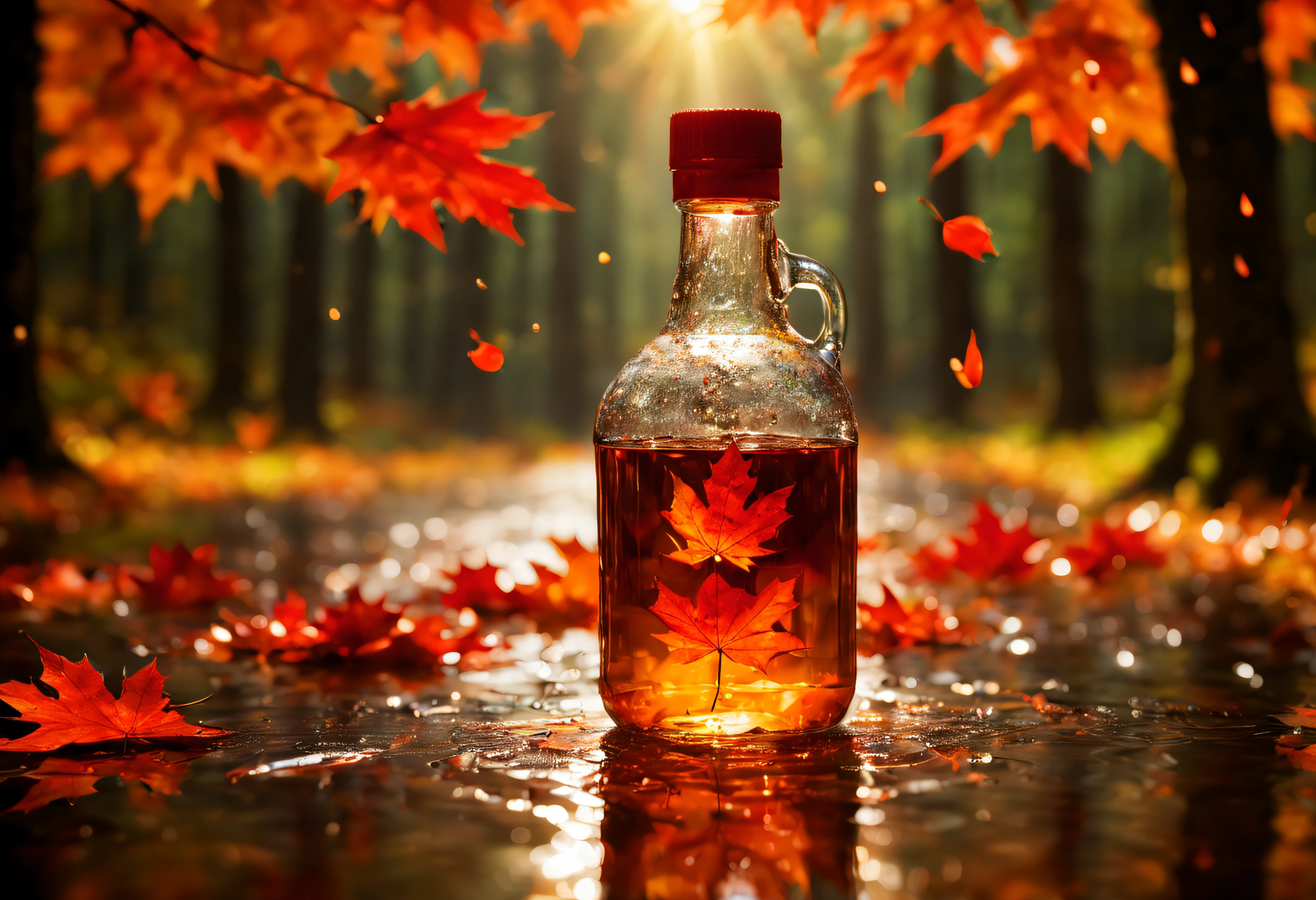 masterpiece,best quality,rain style,sunlight,light,puddle,beautiful lighting,blowing,reflection,autumn leaves,maple syrup bottle,red particles,depth of field,forest,