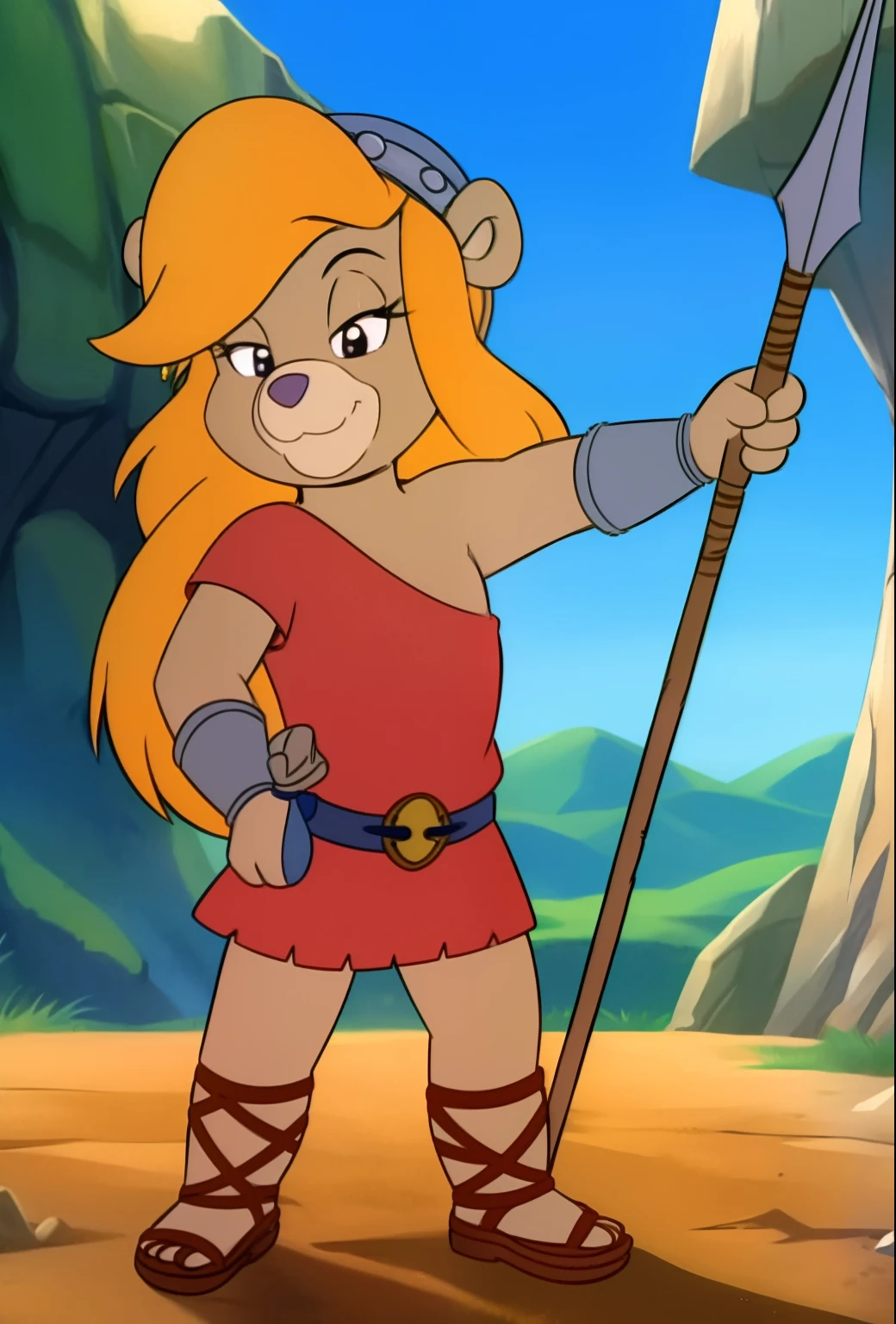 ursa_barbic, gummi_bears, bear, female, short stack, blonde hair, medium breasts, red clothing, dress, off shoulder, helmet, bracers, belt, belt pouch, looking_at_viewer, happy, narrowed eyes, masterpiece, best quality, sandals, forest, field, clear sky, :3, sassy face, anime style, detailed body fur, detailed face, detailed eyes, glistering body, shiny body, skinny, holding a spear, warrior stance,