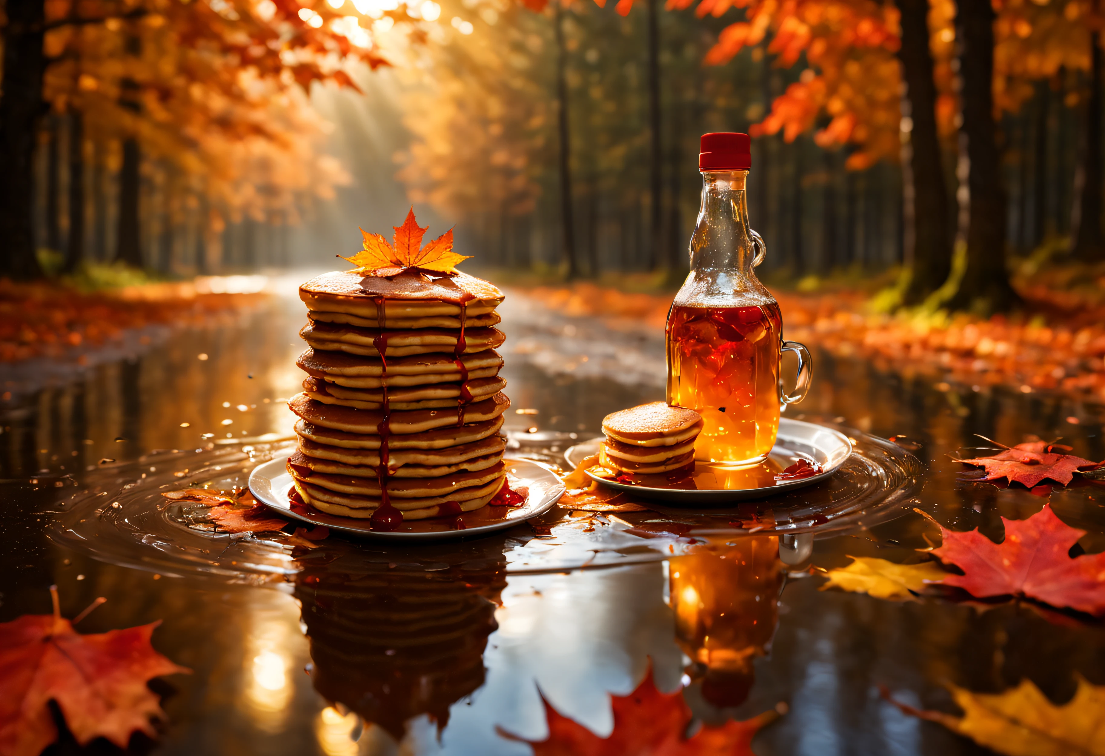 masterpiece,best quality,rain style,sunlight,light,puddle,beautiful lighting,blowing,reflection,autumn leaves, stack of pancakes, maple syrup bottle,red particles,depth of field,forest,