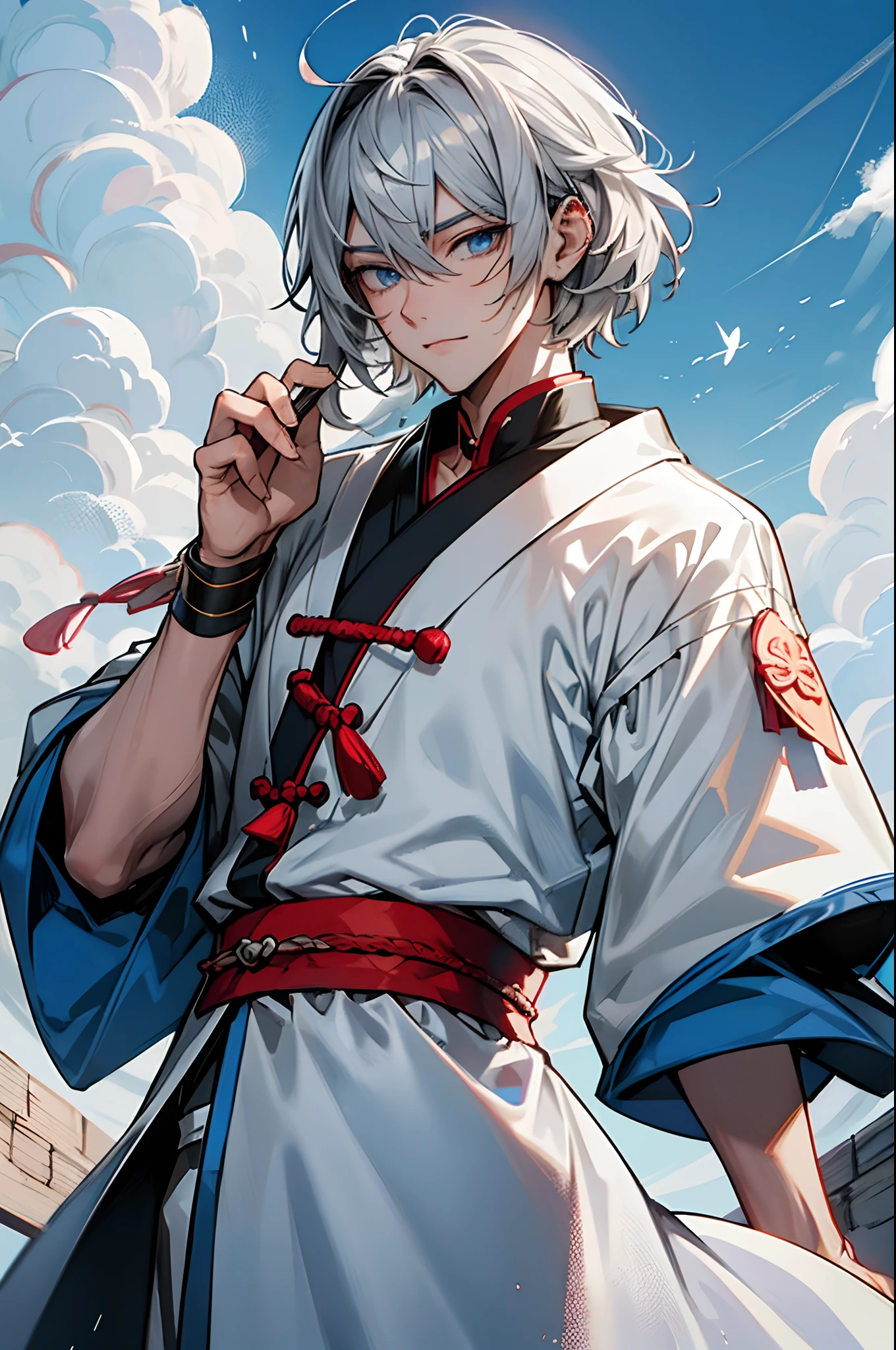 tmasterpiece，Need，超高分辨率，shoun，Chinese ancient style，(Short silver-gray hair)，blue color eyes，Libido boy,adolable，scales，Clouds，Kamimei