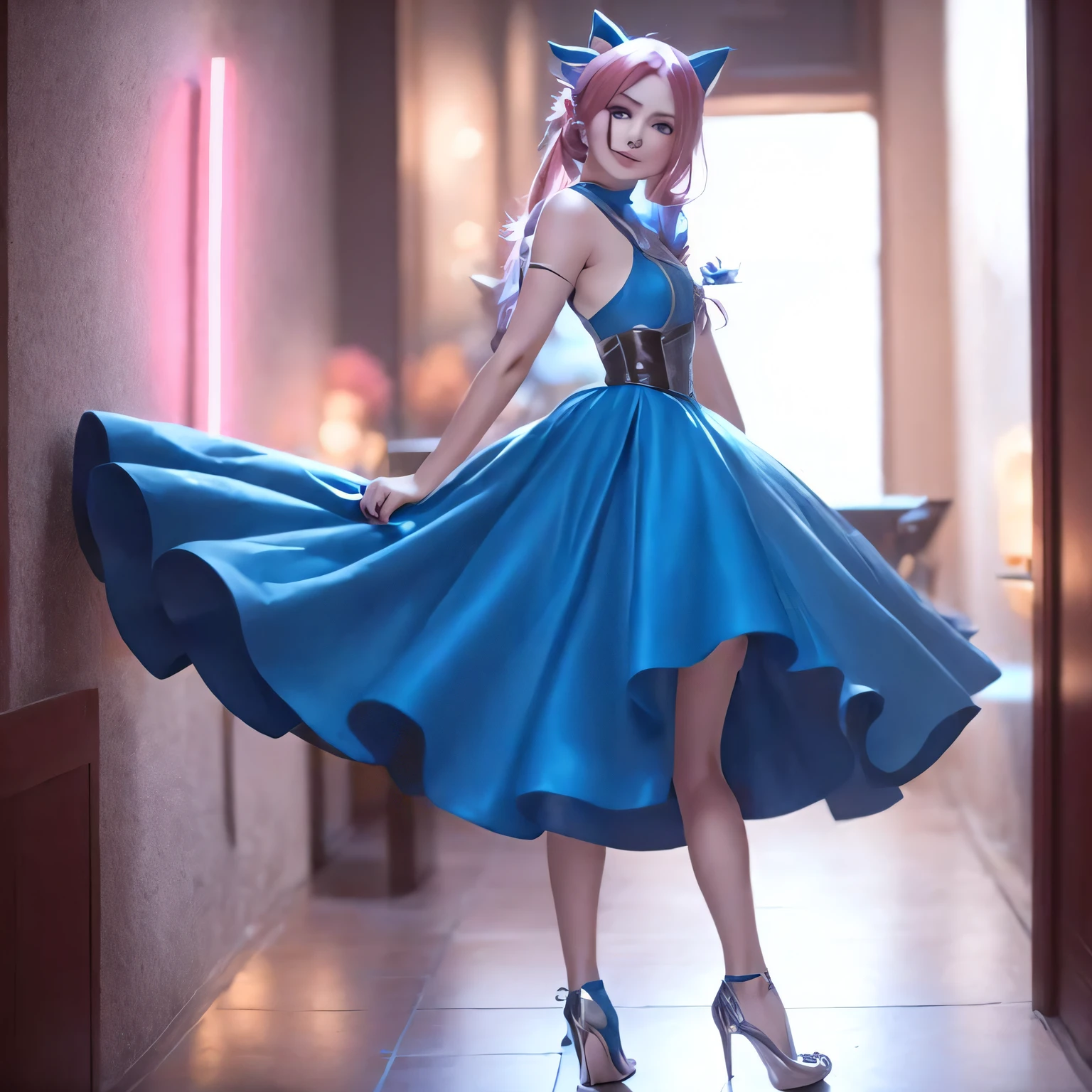 Araffe vestida con un vestido azul y tacones altos de pie en un pasillo, Elegante cosplay glamuroso, Anime Girl Cosplay, cosplay glamuroso, Desde Overwatch, Samira de League of Legends, cosplay adornado, como personaje de Overwatch, rococo cyberpunk, cosplay, Krystal de Star Fox, elegant cinematic pose, alice in wonderland cyberpunk, Seraphine Ahri Kda