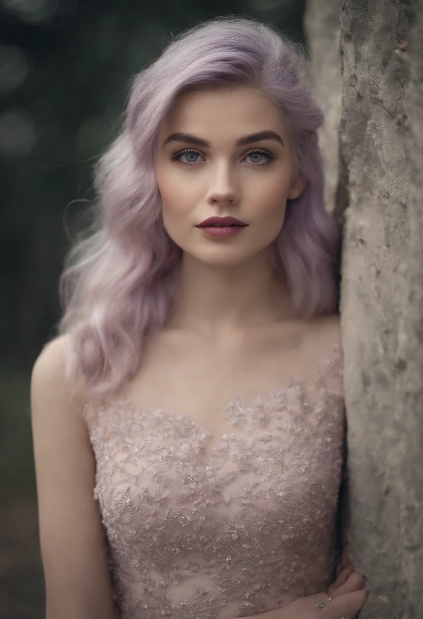 ((Masterpiece,Best quality)),(Negative space:1.4),(1girll, Solo:1.4),Beautiful detailed eyes,Floating pale pink and lavender hair, lavender eyes, At night, Starry sky, Stars shine