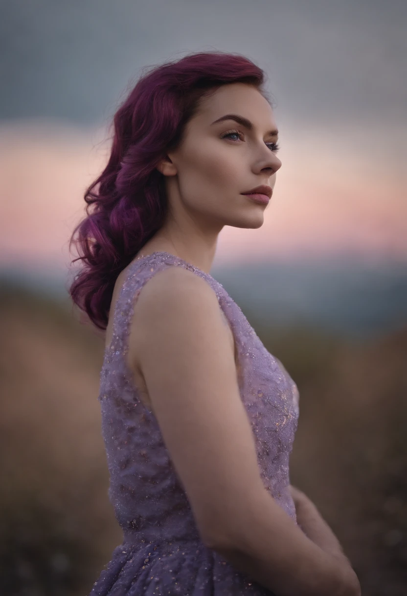 ((Masterpiece,Best quality)),(Negative space:1.4),(1girll, Solo:1.4),Beautiful detailed eyes,Floating pale pink and lavender hair, lavender eyes, At night, Starry sky, Stars shine