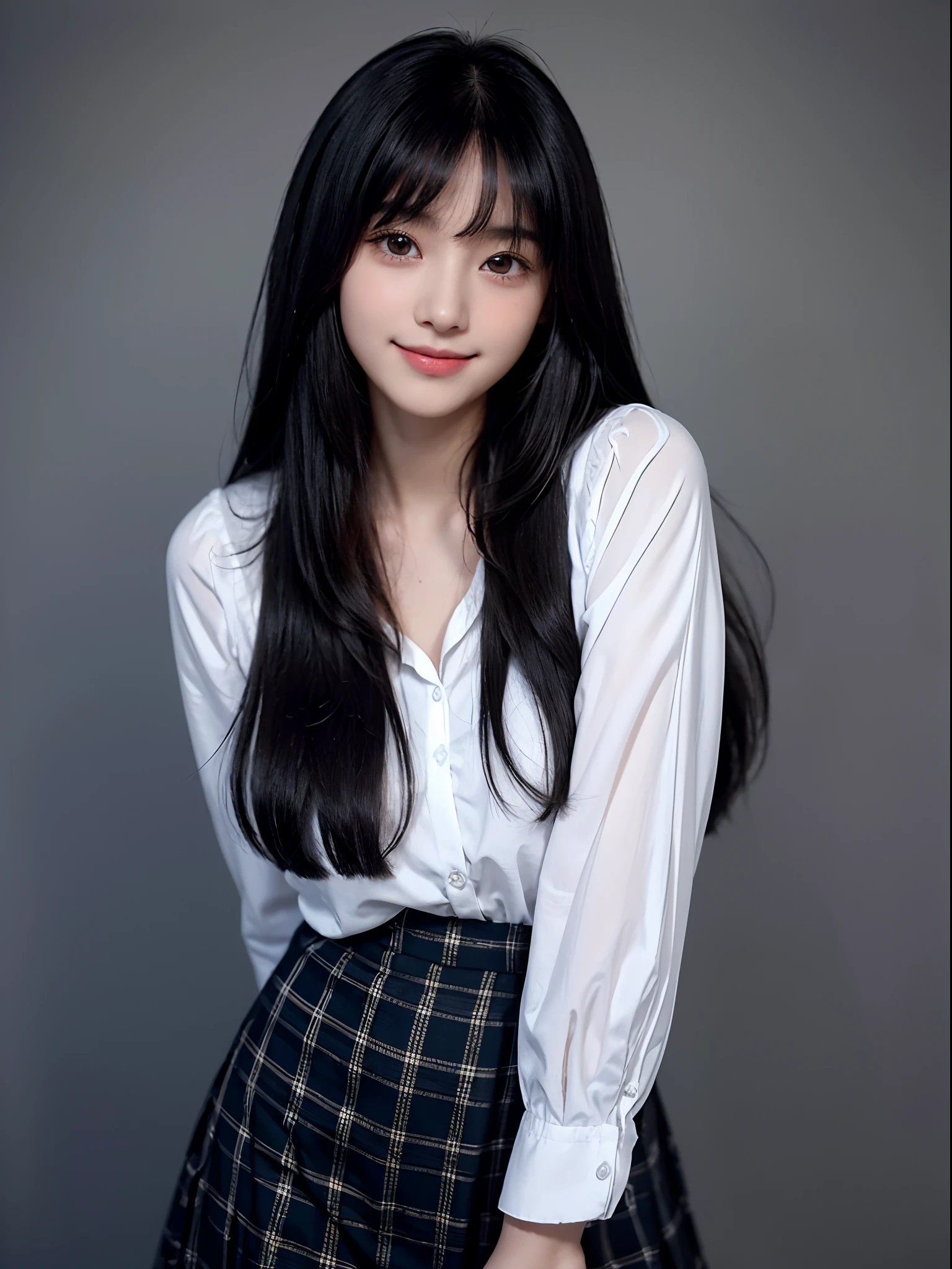 girl with１a person、１4-year-old girl、cute  face、delicated face、Feminine smile、Coquettish smile、Lustrous lips、tthin eyebrows、cute eye、Very long black hair、Silky long straight hair、Beautiful bangs、Long bangs、Delicate figure、Manteau blanc、shirt、bow ribbon、Dark blue plaid skirt、flask