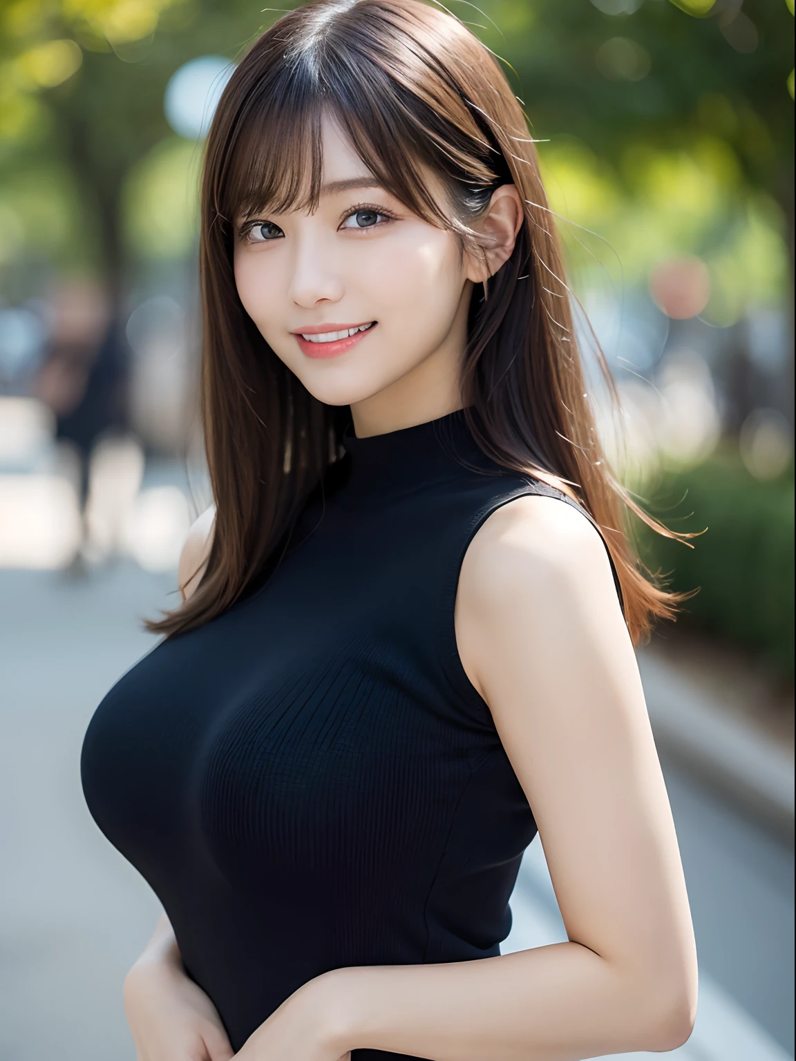 Ultra-high resolution, Superior Quality, Highest quality, Super detailed, Realistic, 8k, RAW Photos, Highest quality, masterpiece, Attractive girl, Big Breasts、A wonderful girl, Impish Smile, Brown Hair, Shoulder-length layered, Asymmetrical bangs, K-Pop Idols, Sophisticated girl, Black knit, Shibuya Ward,