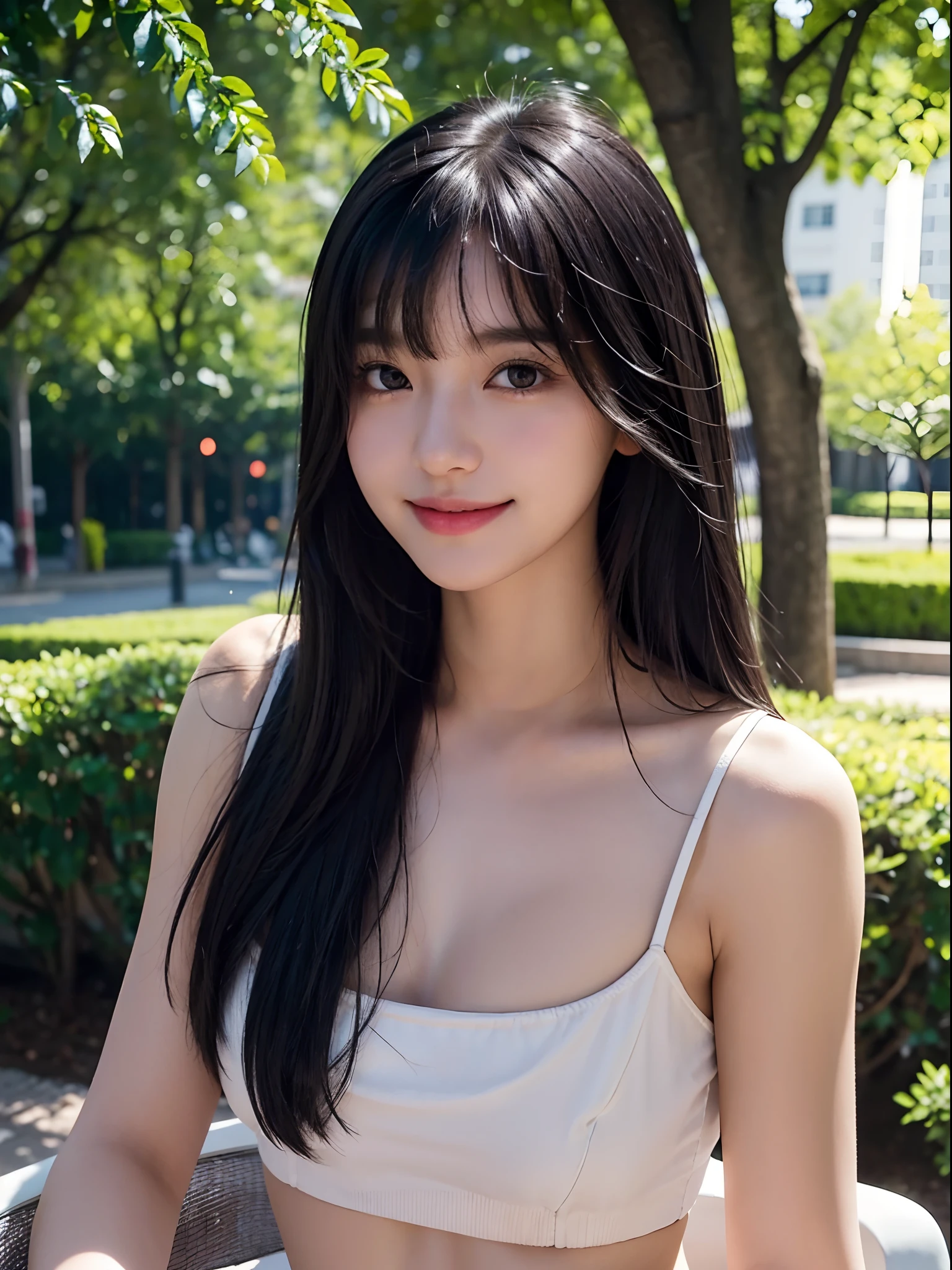 (ultra realistic) , (illustration), (increase resolution), (8K), (extremely detailed), (best illustration), (beautiful detailed eyes), (best quality), (ultra-detailed), (masterpiece), (wallpaper), (detailed face), 1 girl, black straight hair, plump breasts, slender body, delicate details, in the dark, deep shadow, low key, pureerosfaceace_v1, happy smile, summer dress, waterfall, rainforest