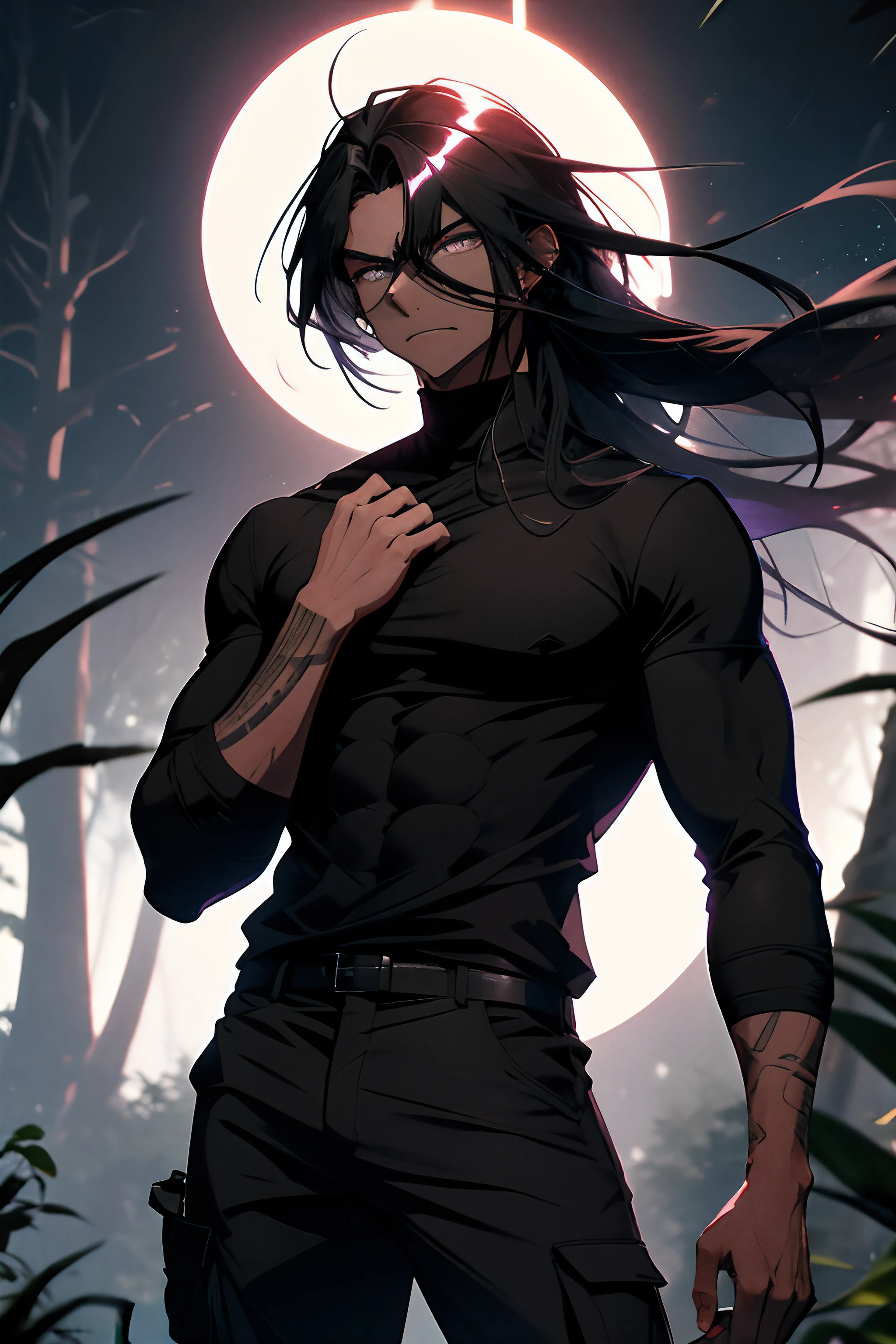 A man with tan caramel skin sits in a moonlit forest, His long, black, disheveled hair and luminous detail gem purple eyes capture the essence of the night. Clad in a sleek black shirt and cargo pants, he embodies a lean and captivating presence. Solo human male, the male has unkept long flowing black hair. This man appears to be slightly muscular equipped with a form fitting long sleeve black shirt, black cargo pants and black combat boots. Black wolf ears and a long black fluffy tail.