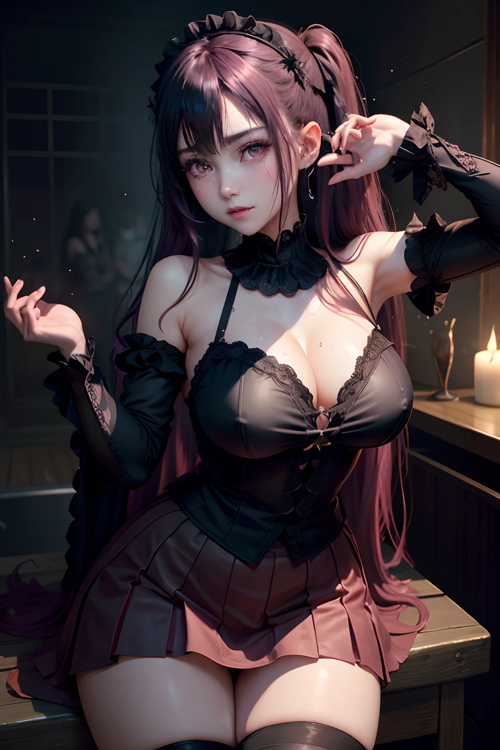 A sexy、A slight smil、garterbelts、knee high socks、panthyhose、Beautifying the world、Unhappy、Lament my night's fantasy、Transcendent beauty、Beautiful shape、wretched、ghosts、wraiths、Evil Spirit、Beautiful、boredom、Unusual beauty、Bewitching、Fornication、Hard Dark Gothic Makeup、Maniacal、Deep night sky、horor、twin-tail hair、Black Dark Eyeshadow、slaves、crying how bright、mourn、Sad songs、Good skin luster、Lace pink、Long hair straight hair、Dark Gothic Makeup、Dark smile、Restless Palace、Expressions of sexual arousal、Fragrant beauty、age19、carriage、Lying、seductiv、Strong sexual pleasure facial expressions、A look of shame、open one's legs、Dark Gothic、Gothic Long Dress、Gothic ta、bright pink hair、masturbation、bell sleeves、Wizard Sleeve、Obscene look、Stained glass background、masutepiece、Best Quality、Ultra-detailed、Refers to 5 books、Sweat glitters on my chest、Glitter of sweat on your face、Glistening with huge amounts of sweat on my thighs、Expression of sexual pleasure in anguish、I'm sweating a lot、Drunken face、maid clothes、Nasty Woman、Mysterious、noble、Face holding back the toilet、Goth lolithes、Black pretend skirt、from below looking up、to stand、The body is wet and shiny、Has a transcendent sex appeal、Sexy poses、Nasty poses、The gesture of the body burning、