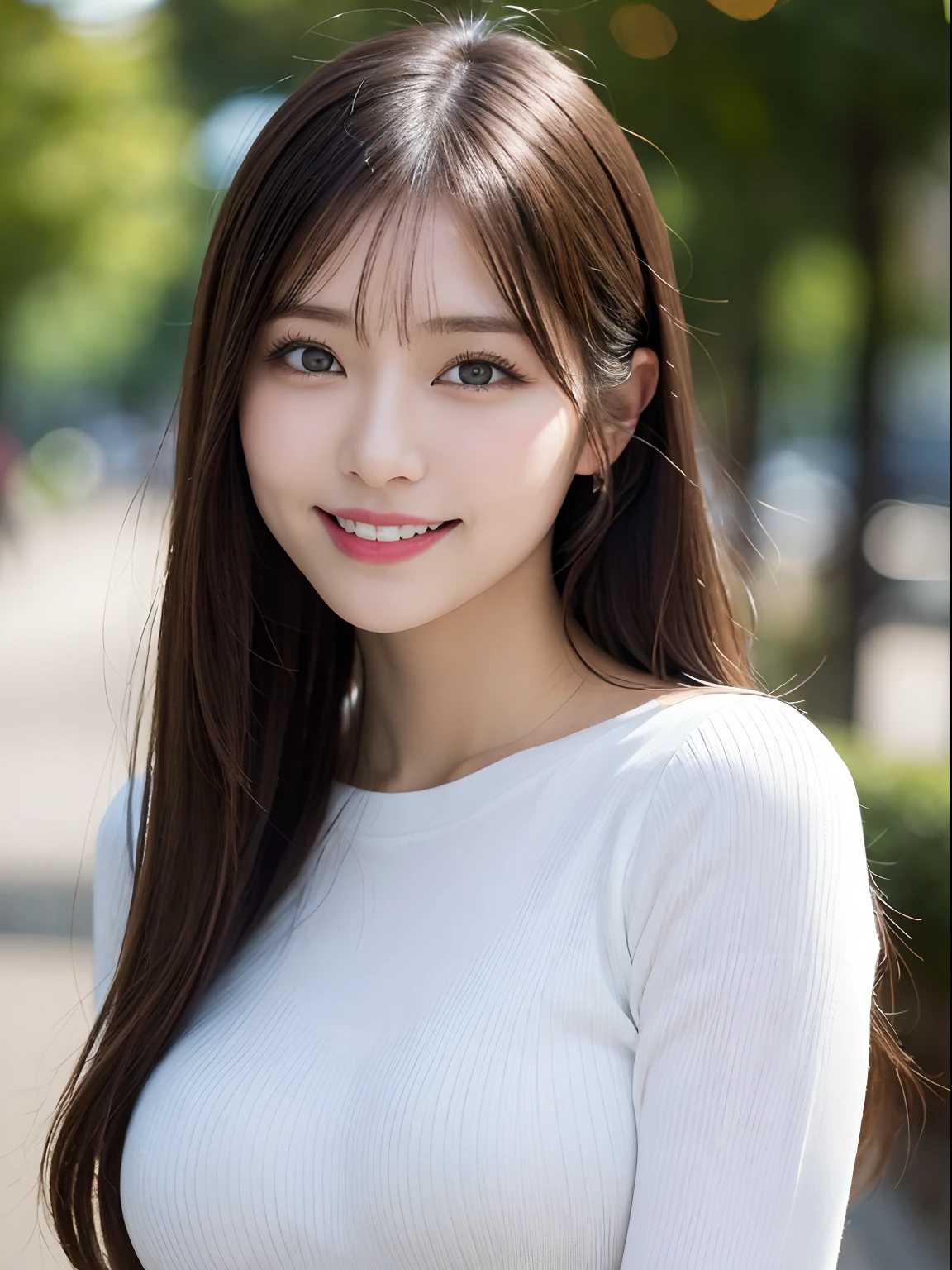 masutepiece, Best Quality, Photorealsitic, finely detail, hight resolution, 8K Wallpapers, Perfect dynamic composition, Beautiful detailed eyes, Medium straight hair, Random and sexy poses,Random situations、Light black tight knit shirt、(Beautiful Breast Bulge 1.3)、A big smile、bokeh feeling、natural、25-years old、(Drooping eyes 1.3)、Adult beauty、japanes