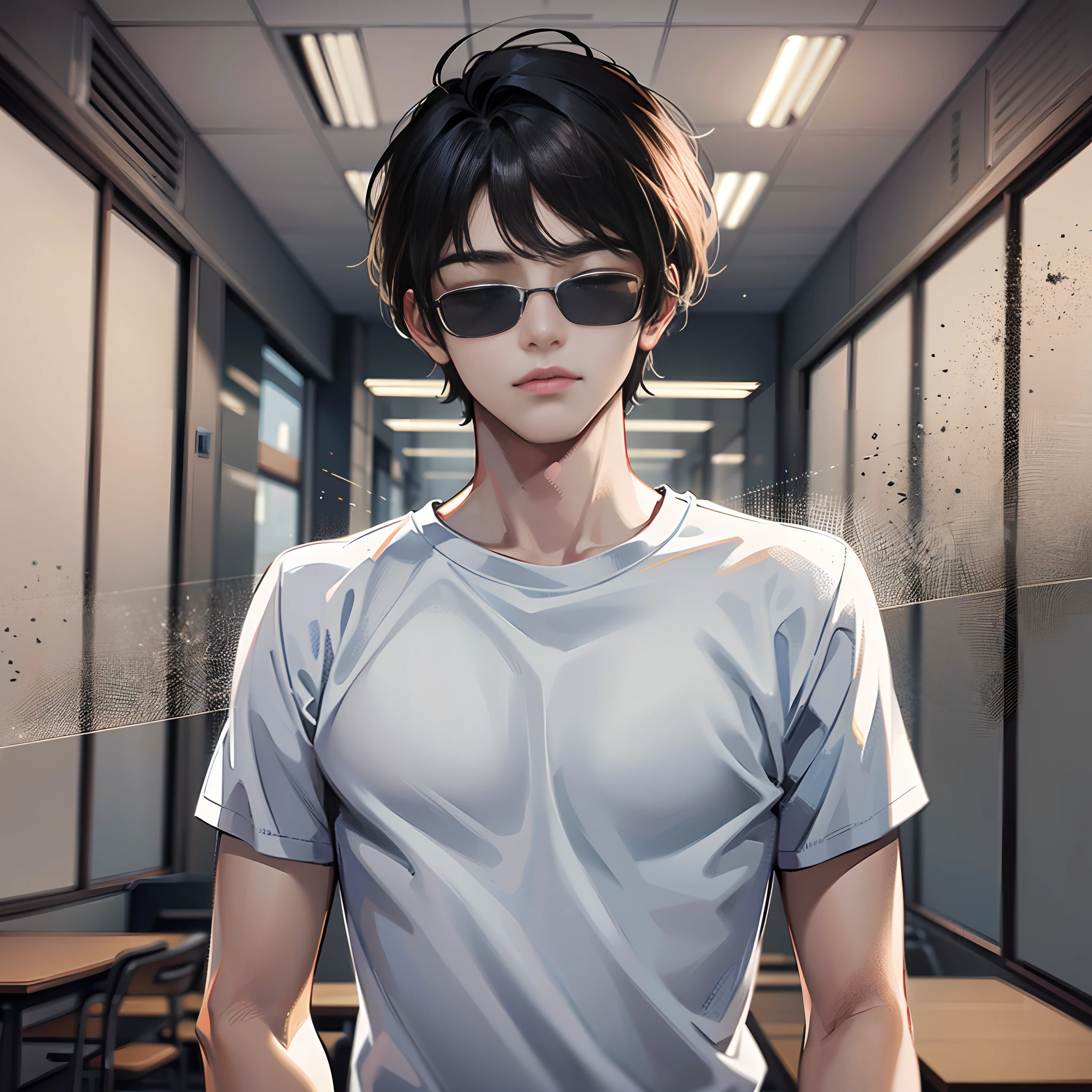 In the conference room, there is a handsome boy standing up, wearing sunglasses, eyes closed, short black hair, white T-shirt with short sleeves, super detailed, 4k, super detailed