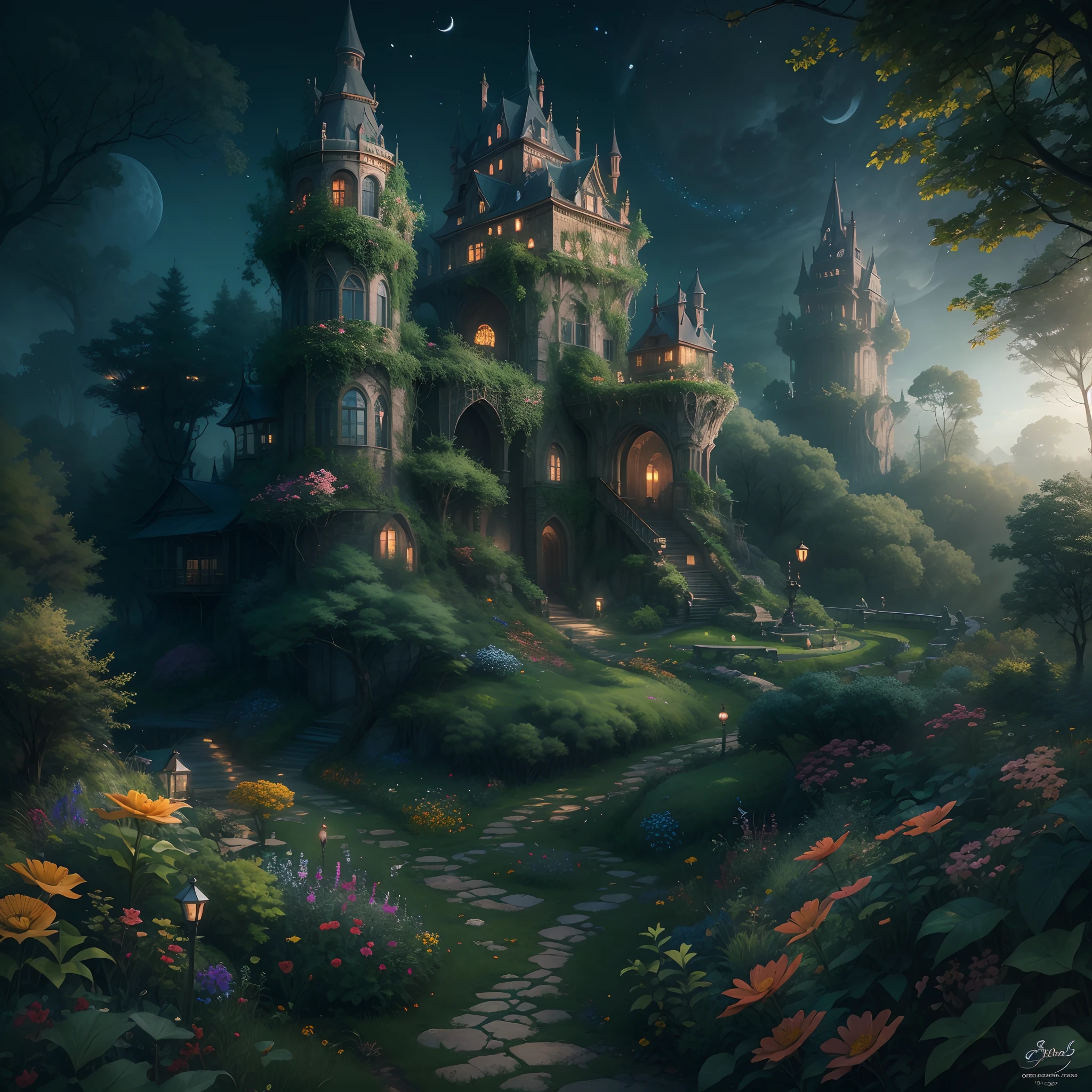 Fantastic forest castle,(The best quality,4k,8k,high rise,tmasterpiece:1.2),super-fine,(realisticlying,photograph realistic,photoreali:1.37),enchanting landscape,Illuminated by soft moonlight,Lush greenery and vibrant flowers,Creates a surreal atmosphere。