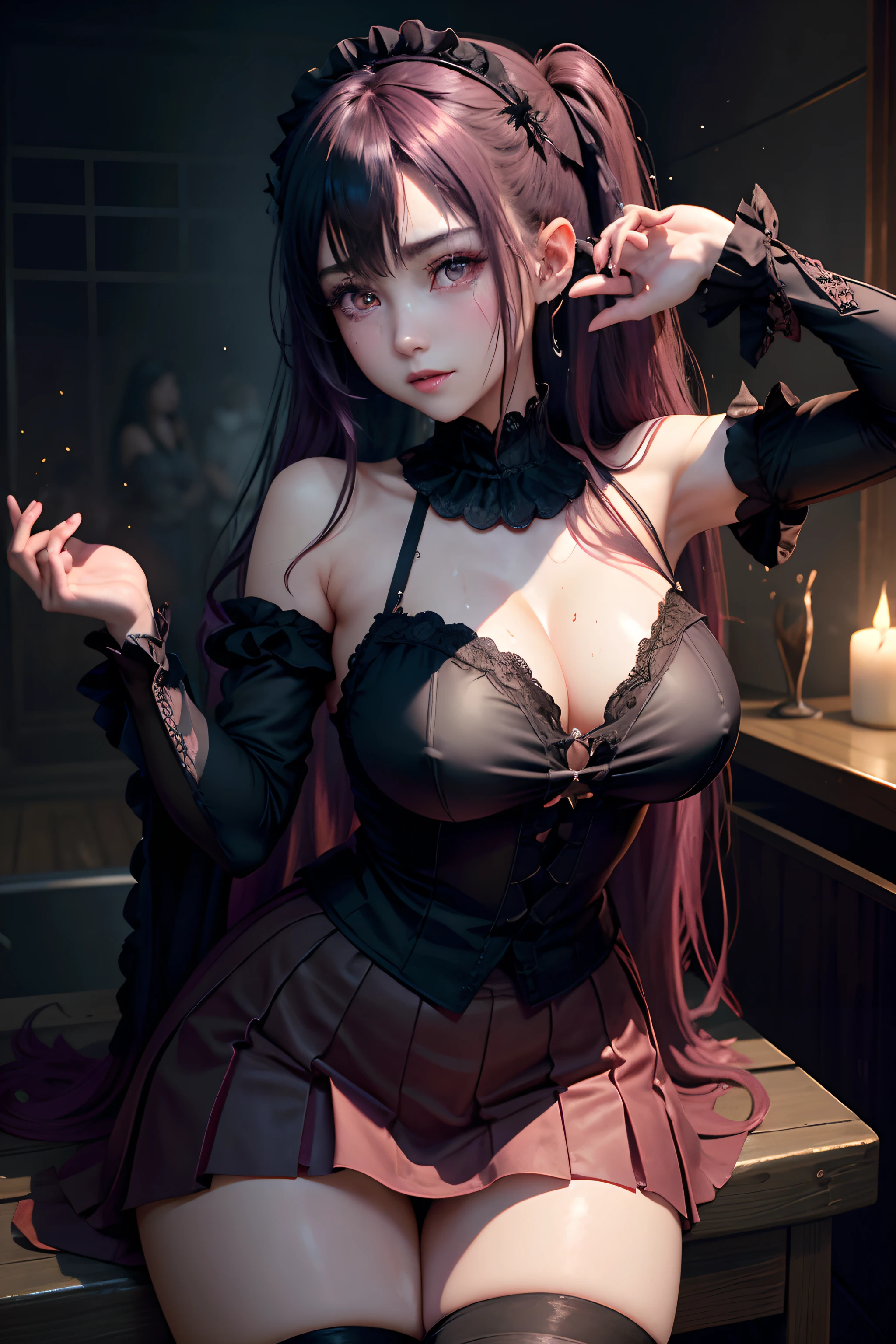 A sexy、A slight smil、garterbelts、knee high socks、panthyhose、Beautifying the world、Unhappy、Lament my night's fantasy、Transcendent beauty、Beautiful shape、wretched、ghosts、wraiths、Evil Spirit、Beautiful、boredom、Unusual beauty、Bewitching、Fornication、Hard Dark Gothic Makeup、Maniacal、Deep night sky、horor、twin-tail hair、Black Dark Eyeshadow、slaves、crying how bright、mourn、Sad songs、Good skin luster、Lace pink、Long hair straight hair、Dark Gothic Makeup、Dark smile、Restless Palace、Expressions of sexual arousal、Fragrant beauty、age19、carriage、Lying、seductiv、Strong sexual pleasure facial expressions、A look of shame、open one's legs、Dark Gothic、Gothic Long Dress、Gothic ta、bright pink hair、masturbation、bell sleeves、Wizard Sleeve、Obscene look、Stained glass background、masutepiece、Best Quality、Ultra-detailed、Refers to 5 books、Sweat glitters on my chest、Glitter of sweat on your face、Glistening with huge amounts of sweat on my thighs、Expression of sexual pleasure in anguish、I'm sweating a lot、Drunken face、maid clothes、Nasty Woman、Mysterious、noble、Face holding back the toilet、Goth lolithes、Black pretend skirt、from below looking up、to stand、The body is wet and shiny、Has a transcendent sex appeal、Sexy poses、Nasty poses、The gesture of the body burning、