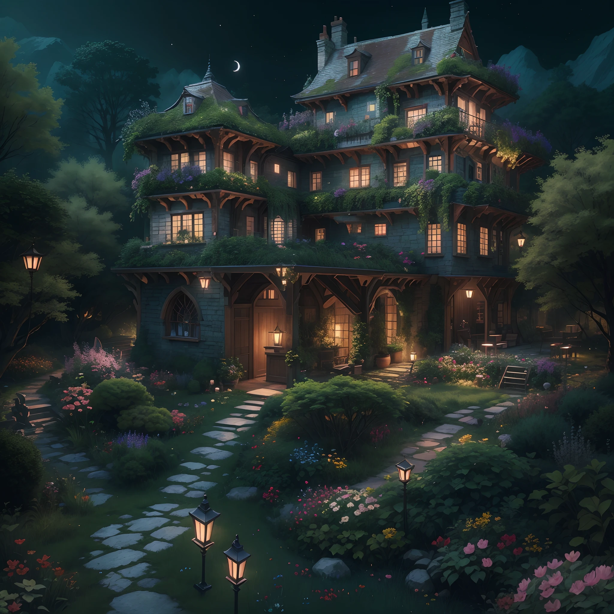 Fantastic forest castle,(The best quality,4k,8k,high rise,tmasterpiece:1.2),super-fine,(realisticlying,photograph realistic,photoreali:1.37),enchanting landscape,Illuminated by soft moonlight,Lush greenery and vibrant flowers,Creates a surreal atmosphere。