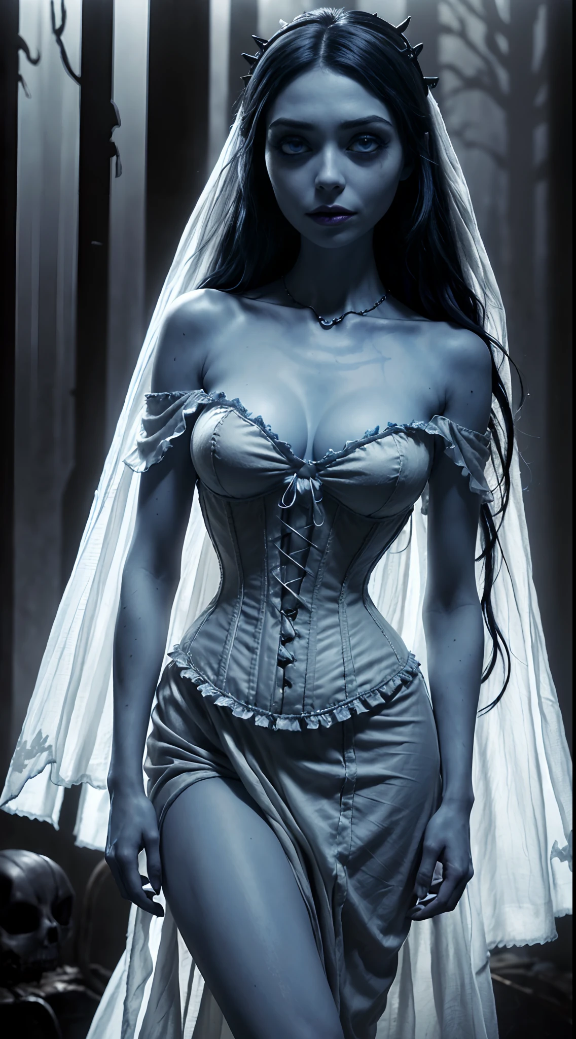 masterpiece, best quality, ultra-detailed, high resolution, extremely detailed, (Full Body Shot:1.3), (sharp focus:1.2), photo, attractive young female model, beautiful, Marijn Isabeau, 22 years old, (blue eyes:1.8), (brown hair:1.2), caucassian, long hair, (beautiful face:1.1), detailed eyes, luscious lips, (spooky:1.6) (dead skin:1.5) (natural makeup:1.3), (smile:1.2), wearing (pearl necklace:1.2), (corpse bride dress:1.2), (white destroied wedding dress tight long, corset, off the shoulder, sleeveless dress:1.4) on a (dark night:1.8). (dead forest:1.4), depth of field, bokeh, 4K, HDR. by (James C. Christensen:1.2|Jeremy Lipking:1.1), (soft light:1.9), (natural light:1.5)