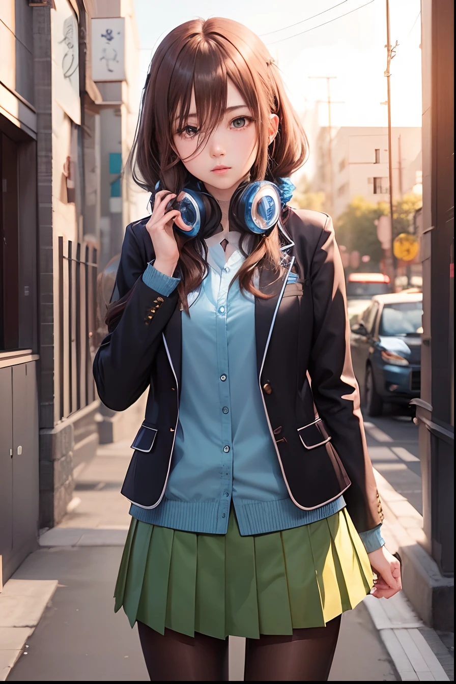 1 girl, Nakano Miku, Long hair, Brown hair , short skirt,Blue shirt,Black suit, green skirt, blue headset,black stockings,Blue eyes, Realistic, Ultra detailed, 70mm lens