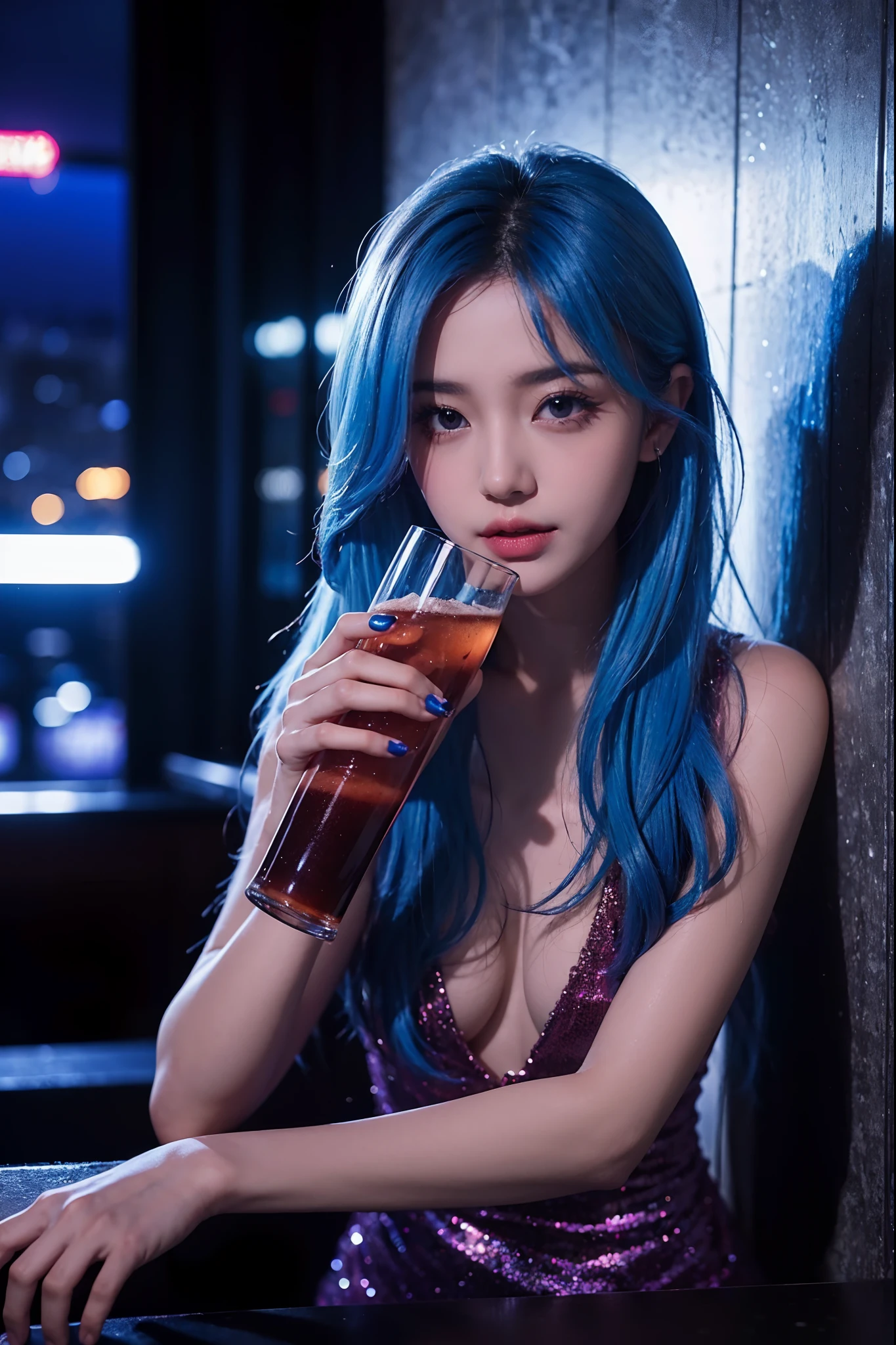 Girls Bar、Beautiful woman drinking alcohol in bar、Night Bar、Dark Bar、Beautiful beauties、Cocktail drinking beauty、Flashy hair、blue hairs