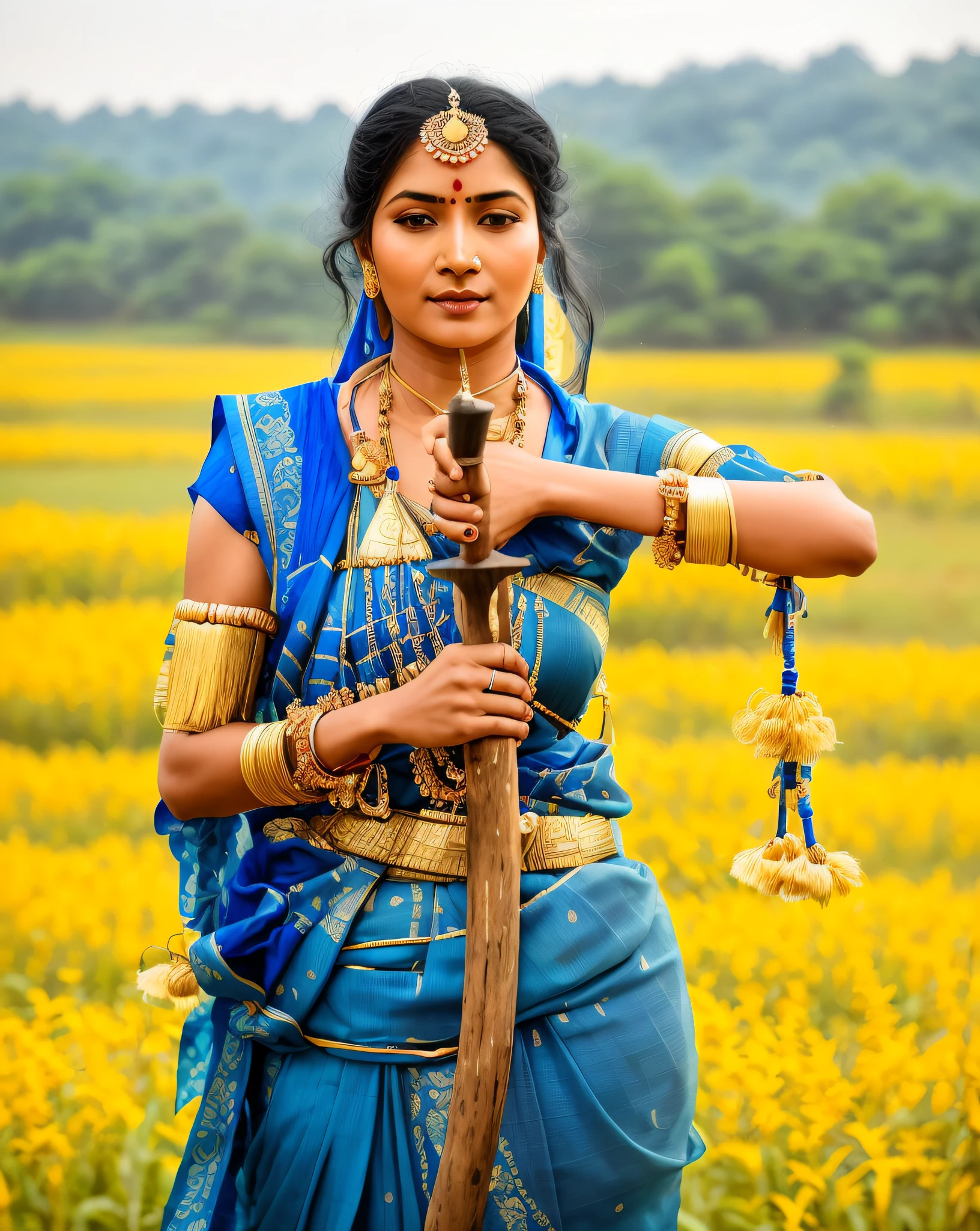 arafed woman in a blue sari holding a stick in a field, traditional beauty, assamese aesthetic, blue colored traditional wear, a beautiful woman warrior, assamese, wearing bihu dress mekhela sador, wearing an elegant tribal outfit, very beautiful enga style, indian style, traditional dress, she is holding a long staff, traditional clothes