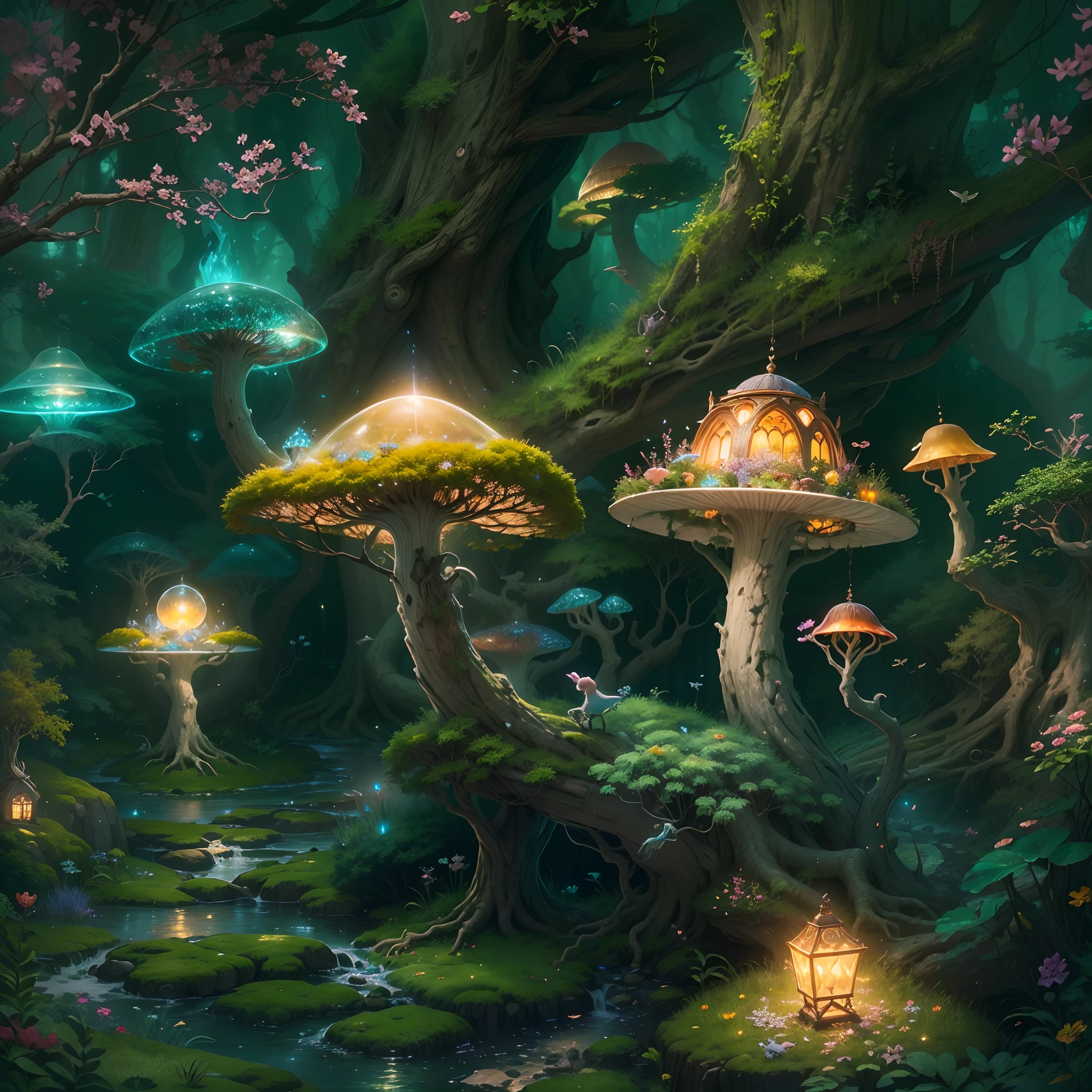 A magical forest with enchanting creatures and vibrant flora, (high-res,masterpiece:1.2), (mystical,magical) lighting, (detailed,fine-art) textures, (fairytale,fantasy) elements, (lush,exquisite) foliage, (whimsical,enchanted) atmosphere, (ethereal,otherworldly) colors, (dreamlike,wondrous) ambiance, (mysterious,hidden) pathways, (multicolored,radiant) flowers, (majestic,elegant) trees, (graceful,floating) fairies, (playful,curious) woodland animals, (glimmering,sparkling) fairy dust, (peaceful,serene) silence, (dazzling,glittering) sunlight, (intricate,delicate) branches, (gentle,babbling) brook, (celestial,magical) sky, (mystic,spellbinding) energy, (ancient,enchanted) ruins, (whispering,secretive) whispers, (fantastical,enchanted) architecture, (airy,ethereal) atmosphere, (spellbinding,entrancing) charm, (mysterious,alluring) fog, (glowing,luminous) mushrooms, (captivating,mesmerizing) beauty, (fanciful,enchanted) creatures, (enchanting,spellbinding) melodies, (enchanted,magical) artifacts, (captivating,bewitching) spells.