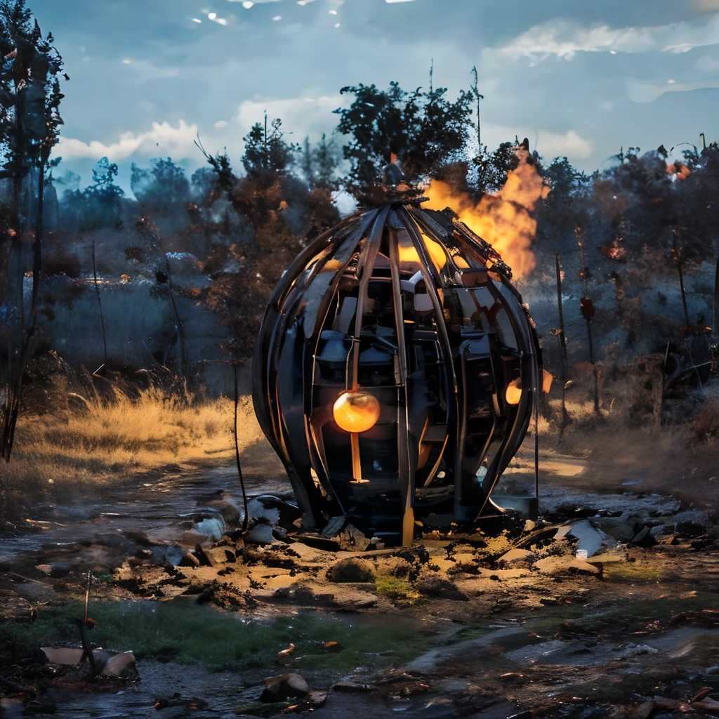 Ancient Mechanism, Nuclear reactor, fusion reactor, Plasma Reactor, Energy Ball, Energy Core, Fireball, flame, fire, The Forgotten Mechanism of the Ancients, Strange Device, Abandoned building, Ruins of the factory, autumn, yellowed grass, Old trees, Autumn landscape