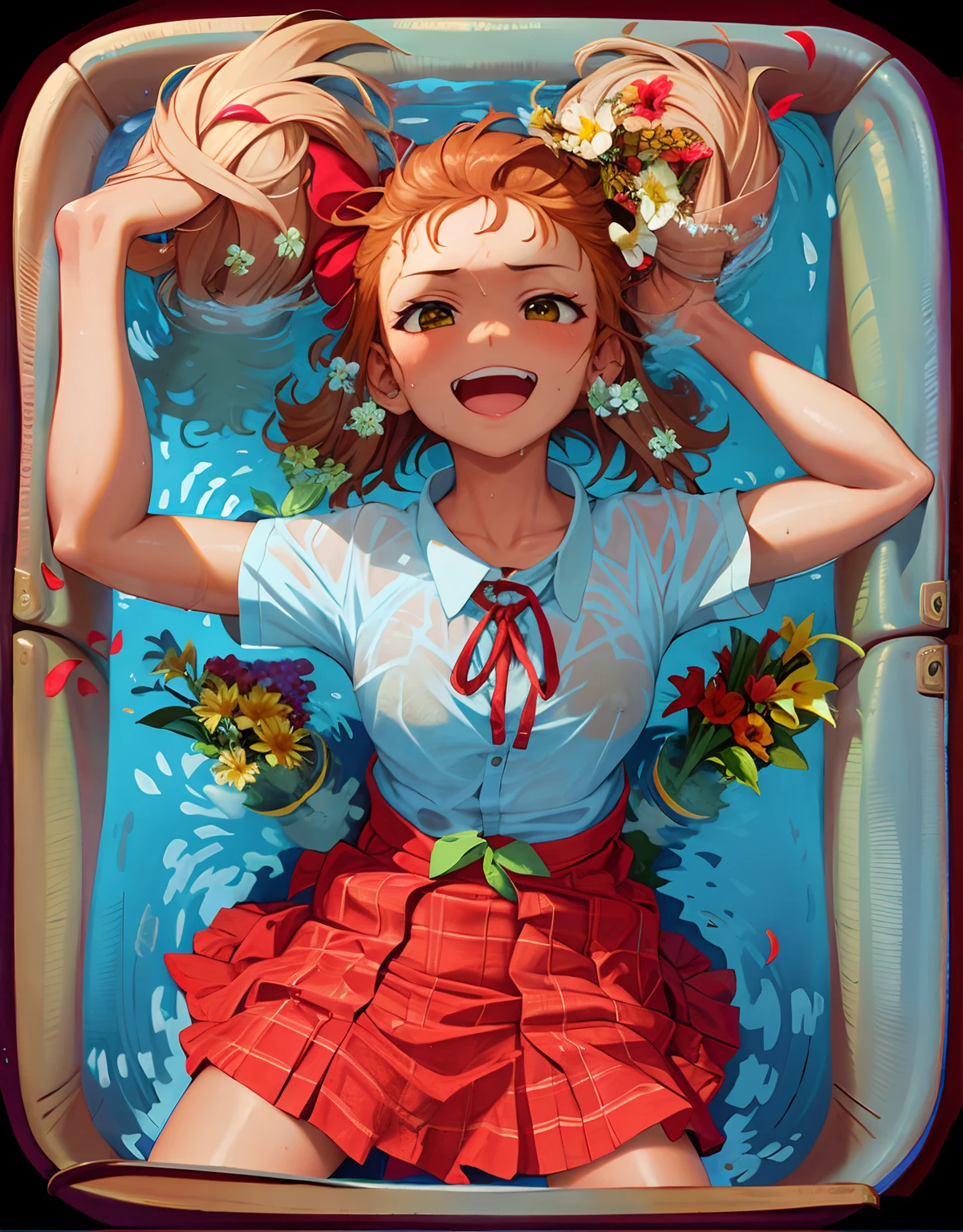 wet tan school girl with orange puffy hair, laying in a bed of water with flowers, she has hard nipples