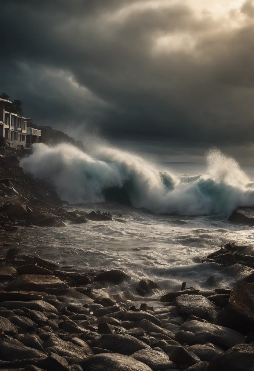 a devastating, high-impact tsunami with powerful waves crashing onto a coastal town, large-scale destruction, people desperately fleeing, chaotic scenes, extreme weather conditions, debris-filled water, destroyed buildings, intense emotions, dangerous rescue efforts, survival instinct, urgent evacuation, shocking aftermath, rescuers searching for survivors, fear and panic, widespread devastation, nature's fury, dramatic and turbulent sea, a sense of overwhelming power, chaotic atmosphere, urgent need for assistance from authorities, water engulfing the land, terrifying force of nature, shattered homes and lives, human resilience in the face of disaster, a glimpse of hope amid the destruction, massive destruction caused by the unstoppable force of the tsunami.
(best quality,4k,8k,highres,masterpiece:1.2),ultra-detailed,(realistic,photorealistic,photo-realistic:1.37),HDR,UHD,studio lighting,ultra-fine painting,sharp focus,physically-based rendering,extreme detail description,professional,vivid colors,bokeh,apocalyptic,disastrous,catastrophic,menacing,chaotic,dangerous,resilience,overwhelming,shocking,urgent,survival,devastation,destructive,powerful,emotional,massive,terrifying,force of nature,hope amidst chaos.