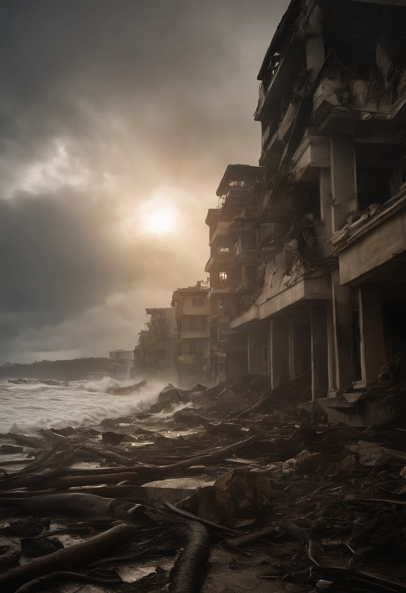 a devastating, high-impact tsunami with powerful waves crashing onto a coastal town, large-scale destruction, people desperately fleeing, chaotic scenes, extreme weather conditions, debris-filled water, destroyed buildings, intense emotions, dangerous rescue efforts, survival instinct, urgent evacuation, shocking aftermath, rescuers searching for survivors, fear and panic, widespread devastation, nature's fury, dramatic and turbulent sea, a sense of overwhelming power, chaotic atmosphere, urgent need for assistance from authorities, water engulfing the land, terrifying force of nature, shattered homes and lives, human resilience in the face of disaster, a glimpse of hope amid the destruction, massive destruction caused by the unstoppable force of the tsunami.
(best quality,4k,8k,highres,masterpiece:1.2),ultra-detailed,(realistic,photorealistic,photo-realistic:1.37),HDR,UHD,studio lighting,ultra-fine painting,sharp focus,physically-based rendering,extreme detail description,professional,vivid colors,bokeh,apocalyptic,disastrous,catastrophic,menacing,chaotic,dangerous,resilience,overwhelming,shocking,urgent,survival,devastation,destructive,powerful,emotional,massive,terrifying,force of nature,hope amidst chaos.