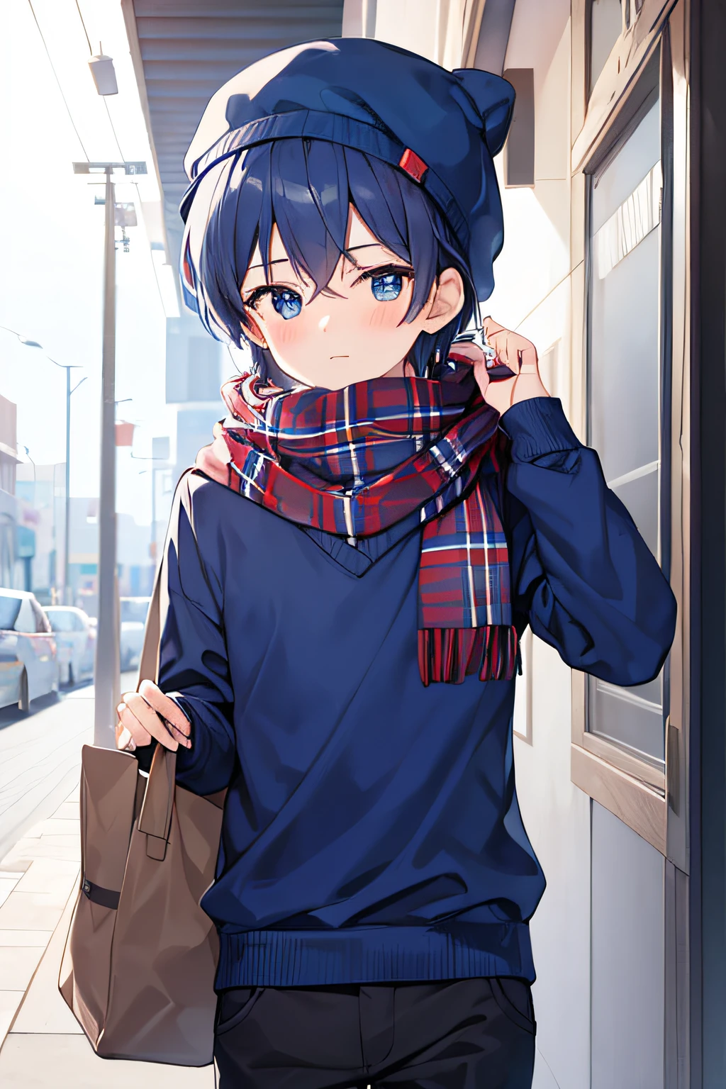 Boy with dark blue image、Wearing a blue hat、Red plaid scarf、Blue jumper