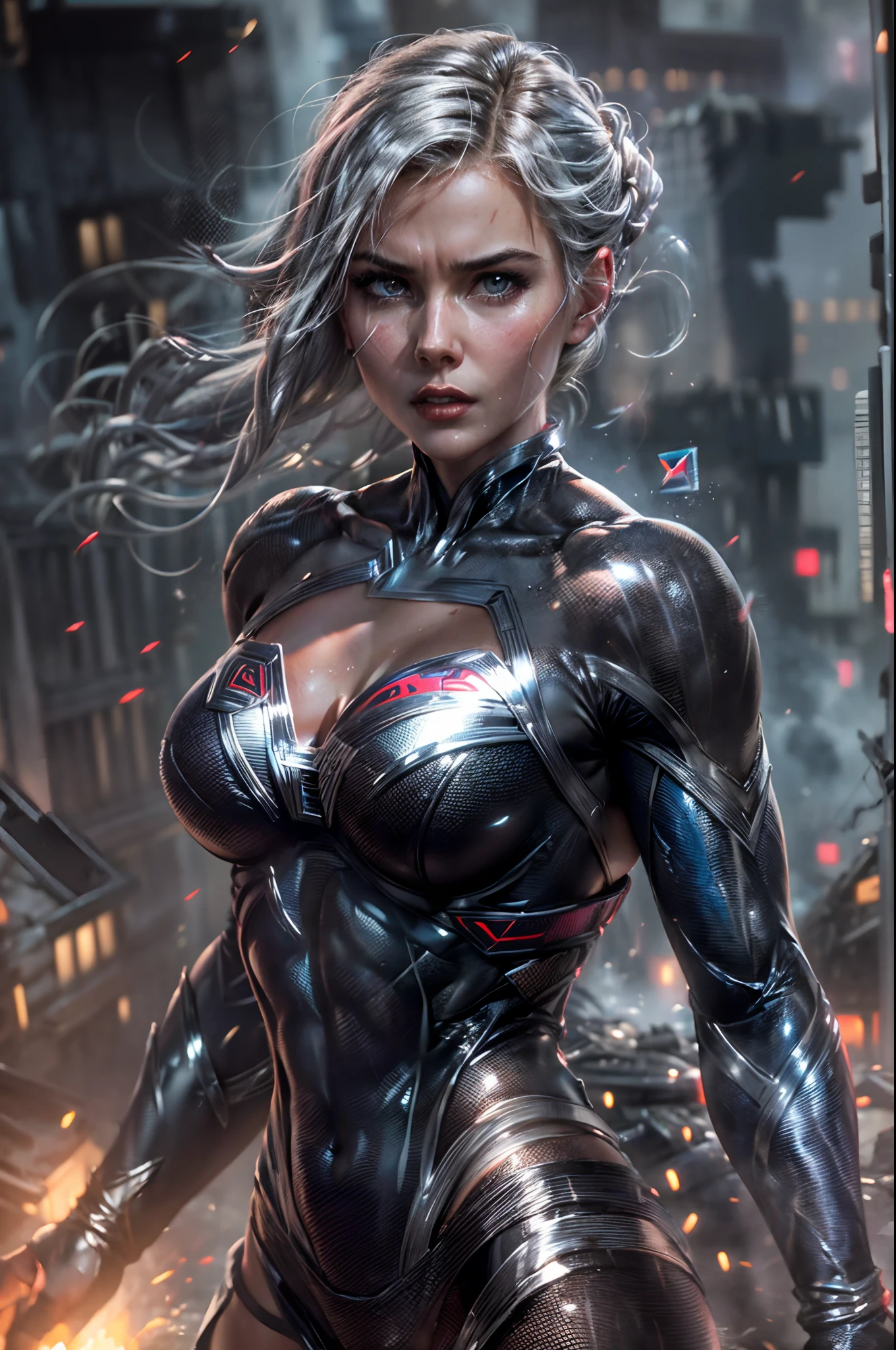 action shots of supergirl ((wearing a sexier revealing black and silver version of the evil supergirl suit man of steel)), large breasts, toned body, (explosions in the background a city in ruins), Style-BladeRunner2049-8v Intricate, High Detail, Sharp focus, dramatic, ((photorealistic))