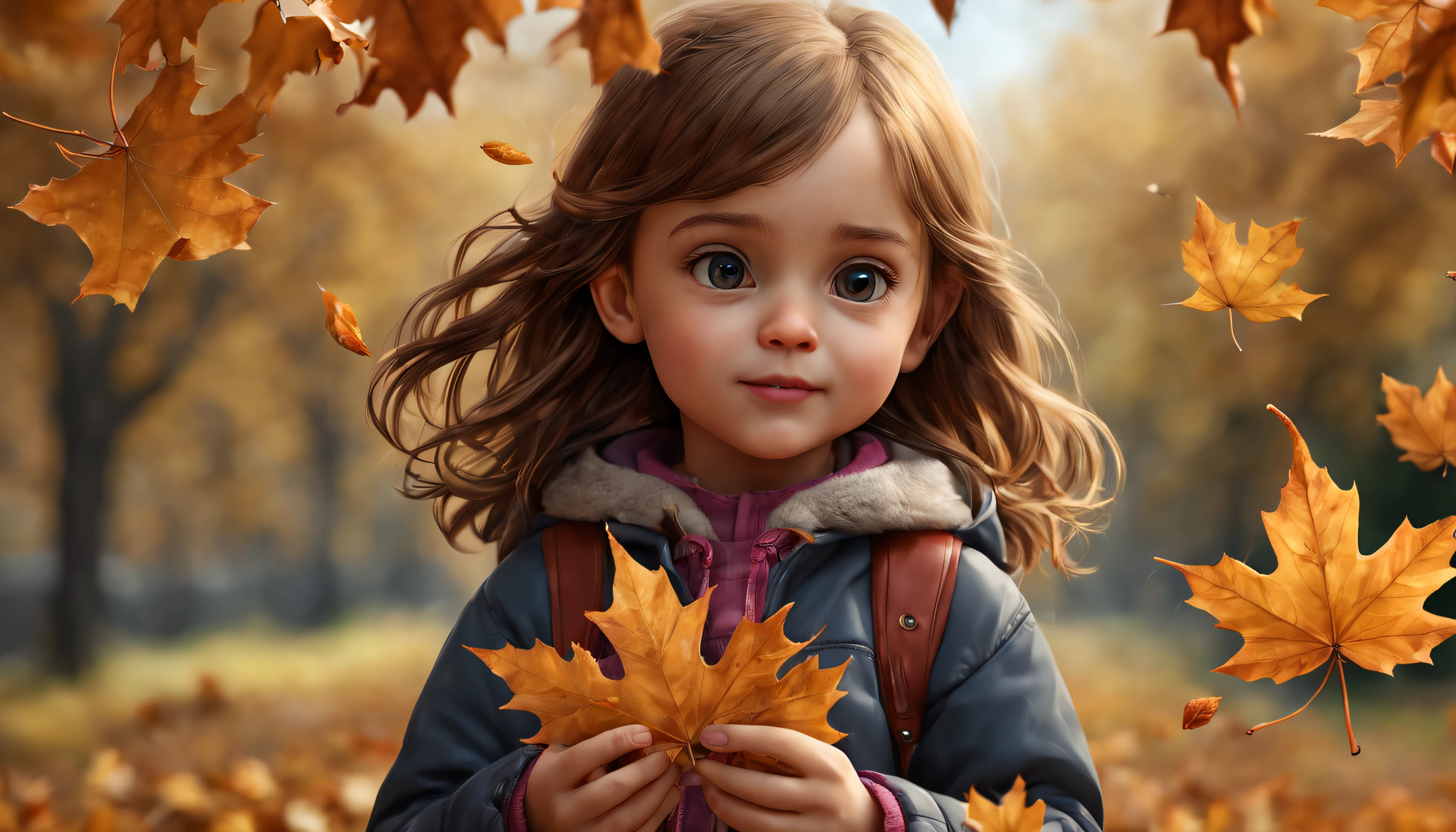 (best quality, 4k, 8k, high resolution, masterpiece: 1.2), ultra detailed, (realistic, photorealistic, photorealistic: 1.37), Autumn game for children. a cute girl with collected dried maple leaves in her hand throws fallen dry leaves