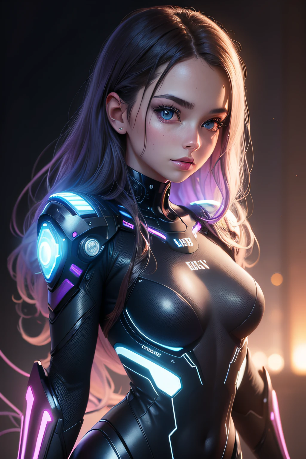 (a beautiful girl:1.1,2girls,with a sense of technology),portrait,photorealistic,vivid colors,studio lighting,detailed eyes and face,long eyelashes,shiny skin,highres,ultra-detailed,bokeh,digital art,modern style,metallic elements,glowing neon lights,wireframe overlay,futuristic environment,colorful holograms,advanced gadgets,keyboard and mouse,blurred background,masterpiece:1.2.