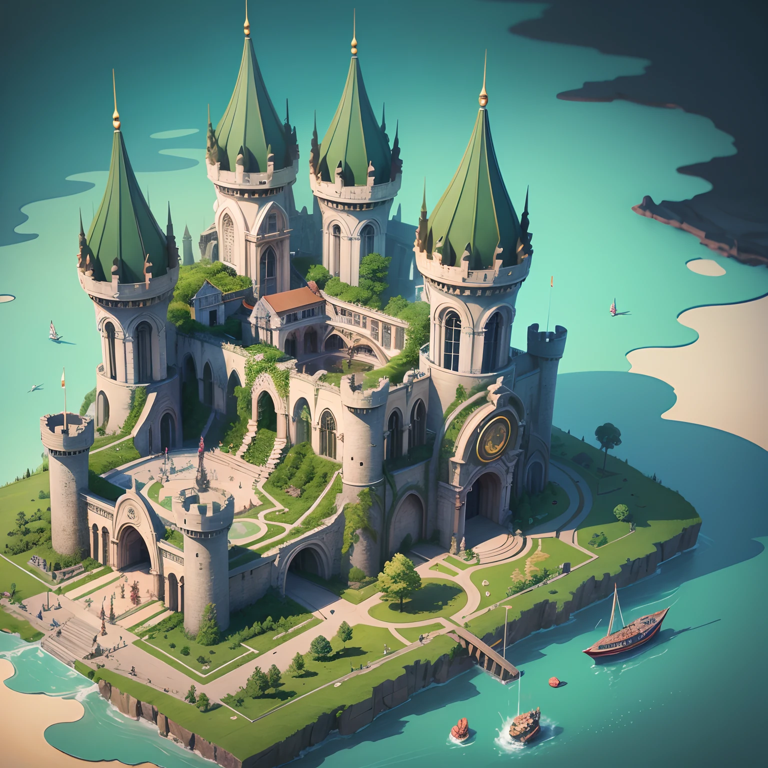 Isometric architecture,illustration,HighestQuali,tmasterpiece,courtyard,sky-high tower,Buttresses,borgar,chies,gotik,Super giant castle, paradise, paradise, giant cyberpunk, top quality utopia waterfall, Mother nature