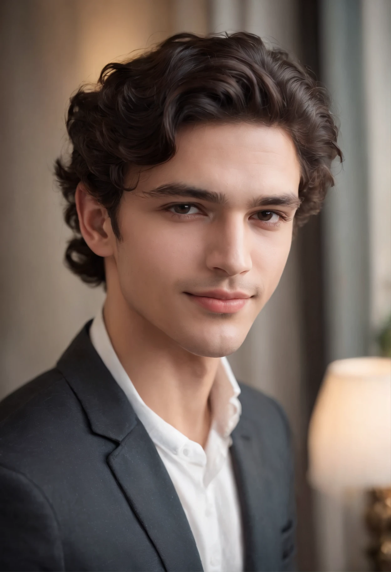 Certainly! Here's the description in English:

"I'm glad you liked the description! I imagine this young man could have a truly striking appearance, with a combination of curly, thick, and luscious black hair framing his face in a captivating way, accentuating his natural beauty. His brown eyes might have deep and expressive nuances, reflecting his lively and intelligent personality. His regular features, such as a well-proportioned nose and defined lips, add a touch of perfection to his face. His smile, radiating warmth and confidence, could light up the entire room. Overall, this young man with curly black hair and brown eyes exudes an aura of captivating beauty and magnetism."