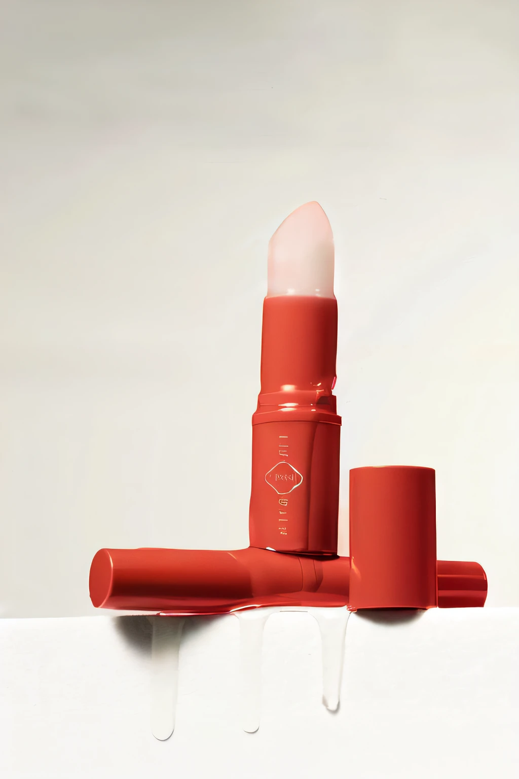 Lipstick tube with pink lips and red tube on a white surface, Coral lipstick, Inspired by Luma Rouge, Lumi, light-red lips, Product photo, lipstick, coral red, Jaya Sulberg, Peach, Bright red lipstick, Trembling lips, close-up product photo, zun, vibrent red lipstick, author：Emma Andievska