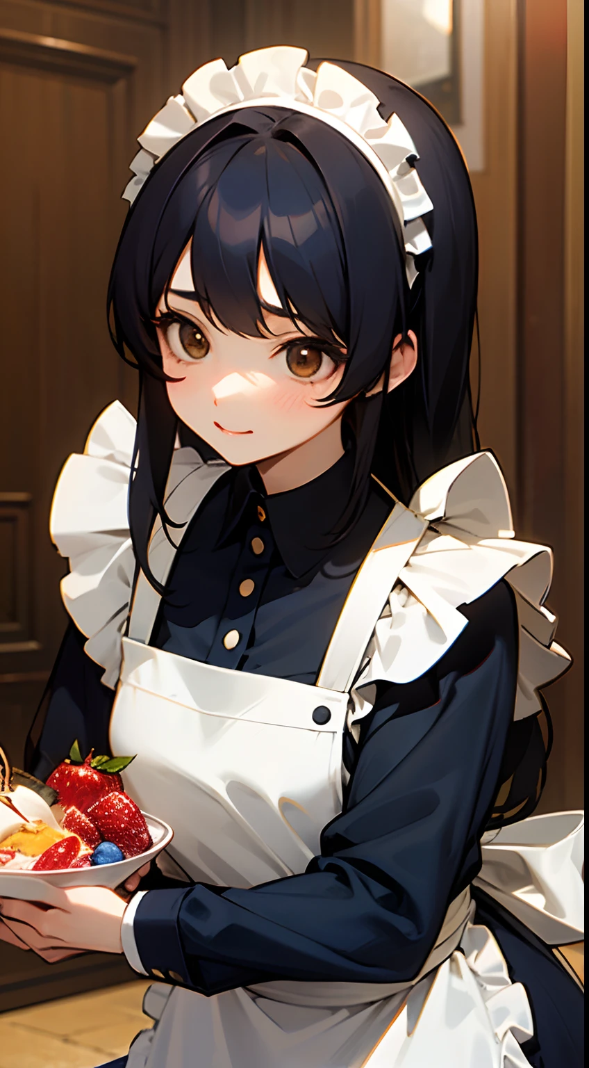 Semi-long black hair、a beauty girl、Navy blue maid clothes、Maid Cafe、serving、Brown eyes、Carry a fruit parfait、