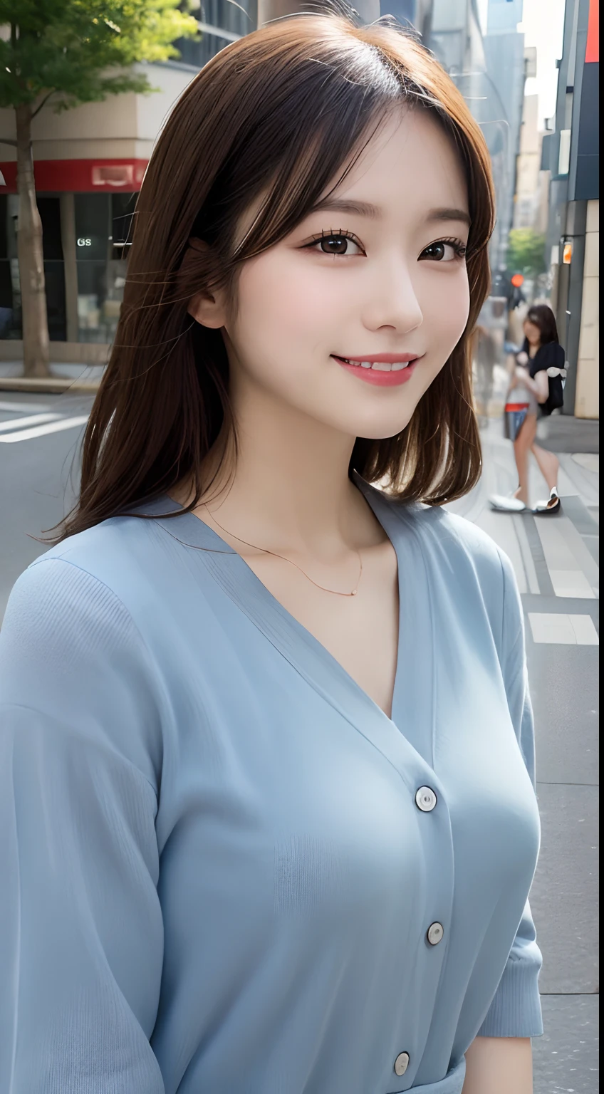 ((Best picture quality, 8K, tmasterpiece:1.3)), 1girll, Beautiful woman with slender abs:1.3, (Casual hairstyle, G-cup:1.6,The clothes completely wrap the breasts), shift dresses:1.1, Ultra-fine face, A detailed eye, 二重まぶた,ssmile,Home