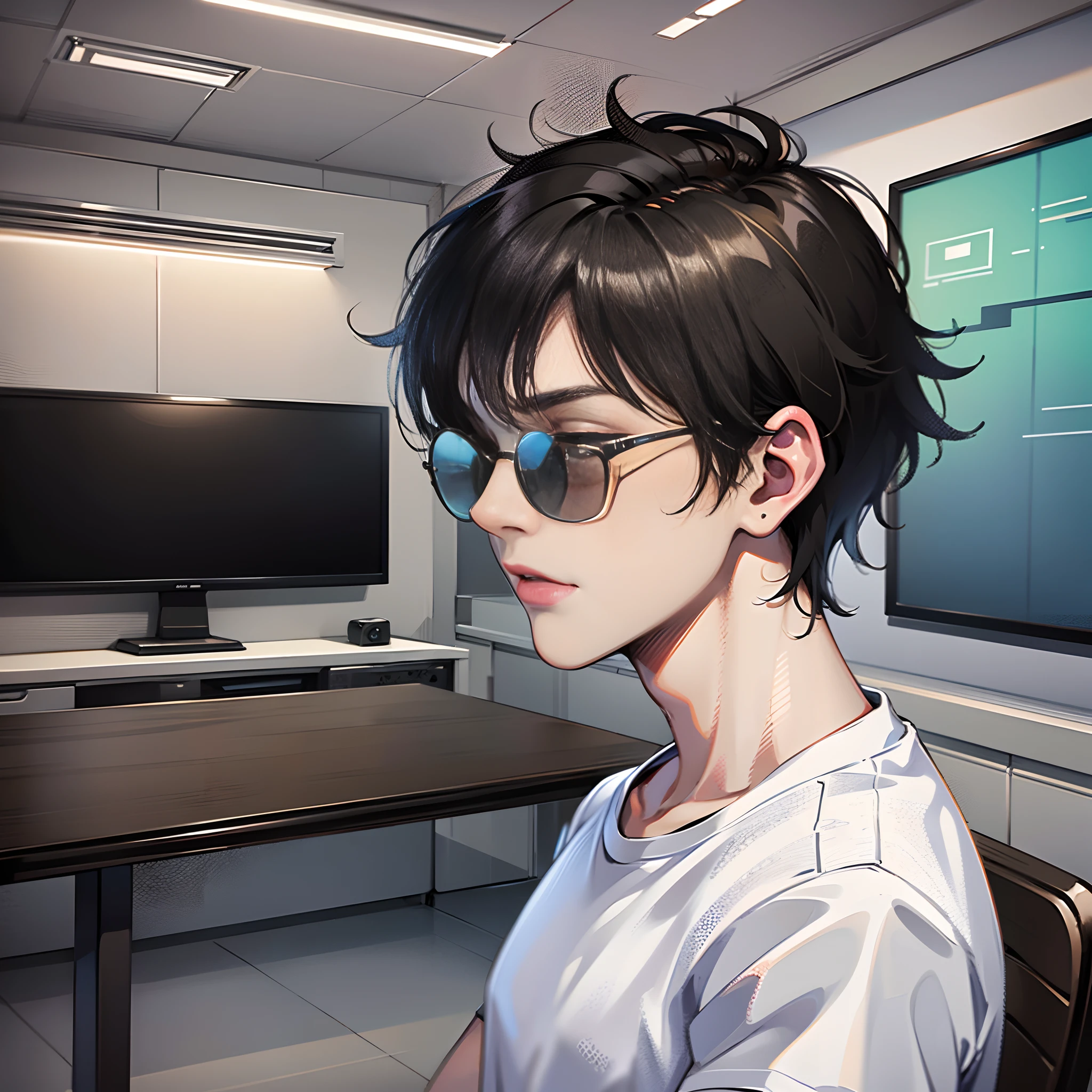 In the conference room, there is a handsome boy standing up, wearing sunglasses, eyes closed, short black hair, white T-shirt with short sleeves, super detailed, 4k, super detailed