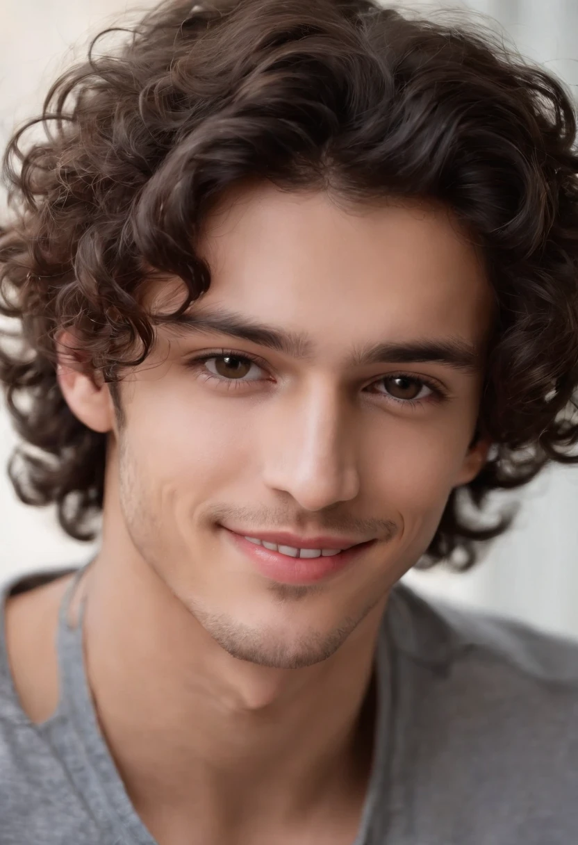 Certainly! Here's the description in English:
"I'm glad you liked the description! I imagine this young man could have a truly striking appearance, with a combination of curly, thick, and luscious black hair framing his face in a captivating way, accentuating his natural beauty. His brown eyes might have deep and expressive nuances, reflecting his lively and intelligent personality. His regular features, such as a well-proportioned nose and defined lips, add a touch of perfection to his face. His smile, radiating warmth and confidence, could light up the entire room. Overall, this young man with curly black hair and brown eyes exudes an aura of captivating beauty and magnetism."