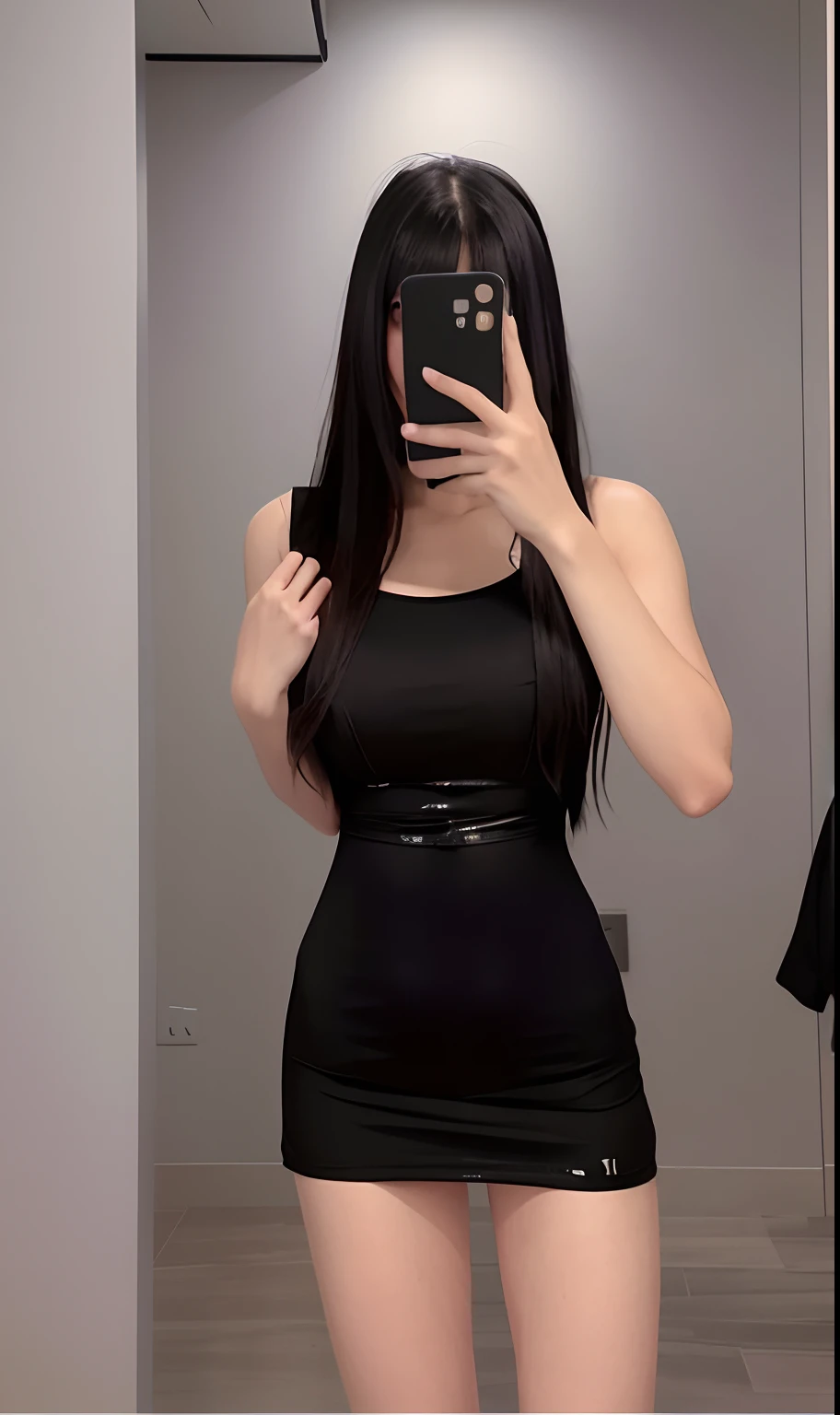 Araki woman taking a selfie in a black dress, she wears a black dress, Sexy dress, wearing a tight black dress, is wearing  dress, wearing a black dress, big breasts thin waist, Slender waist, Thin waist, simple dress, Tight dress, Wearing a black dress, Slim waist, she is wearing a black tank top, tight black tanktop