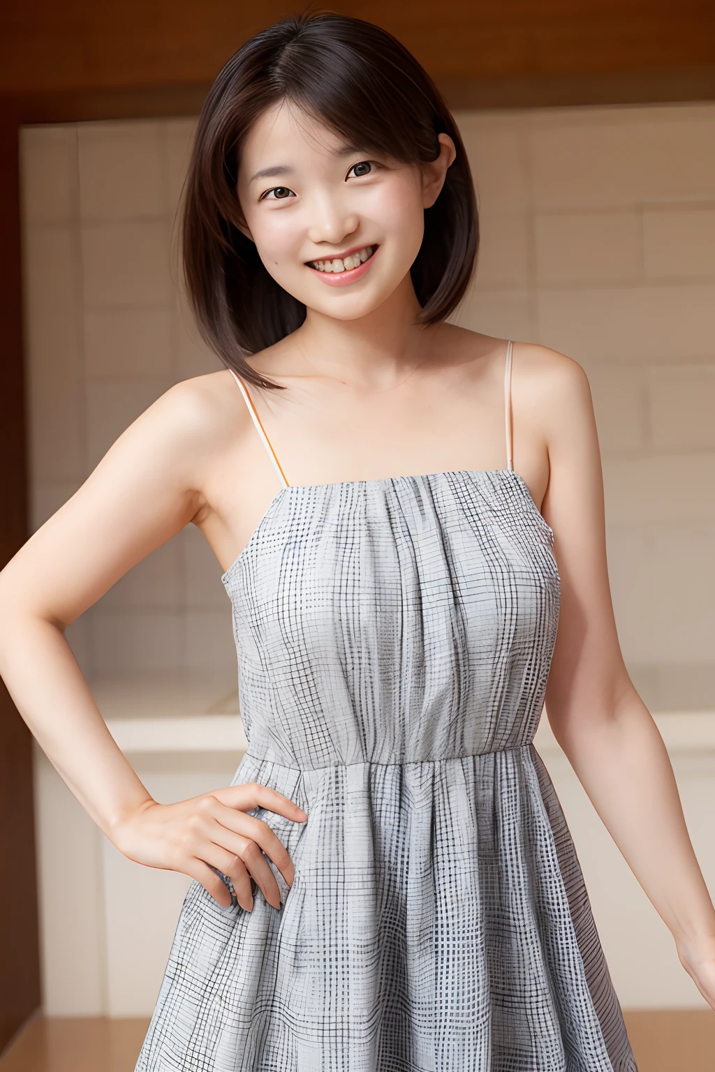 1girl, posing, wearing dress, smile for cameara, standing