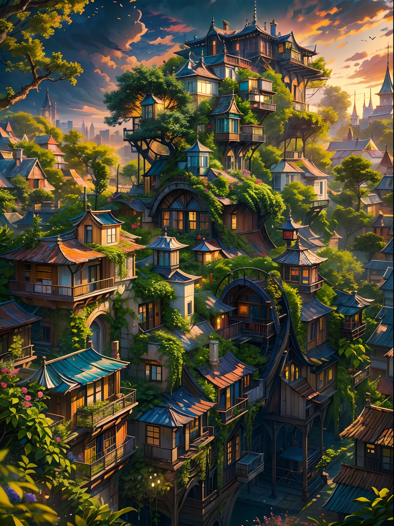 (best quality,4k,8k,highres,masterpiece:1.2),ultra-detailed,(realistic,photorealistic,photo-realistic:1.37),otherworldly city,a city on a tree,a giant world tree with long and big vines,large-sized colorful houses suspended in mid-air by the vines,houses hanging on the branches of the tree,far shot,magical atmosphere,dreamlike scenery,mesmerizing colors,dazzling lights,vibrant and vivid cityscape,ethereal glow,whimsical architecture,impressive scale of the city,detailed foliage on the tree,elaborate textures on the houses,depth and dimension in the composition,immersive and grand view,enchanted setting,lush greenery,beautifully entwining vines,majestic and awe-inspiring tree,mythical and fantastical world,revel in the beauty of nature and civilization,unforgettable and breathtaking scenery,explore the secrets hidden within the city on the tree.