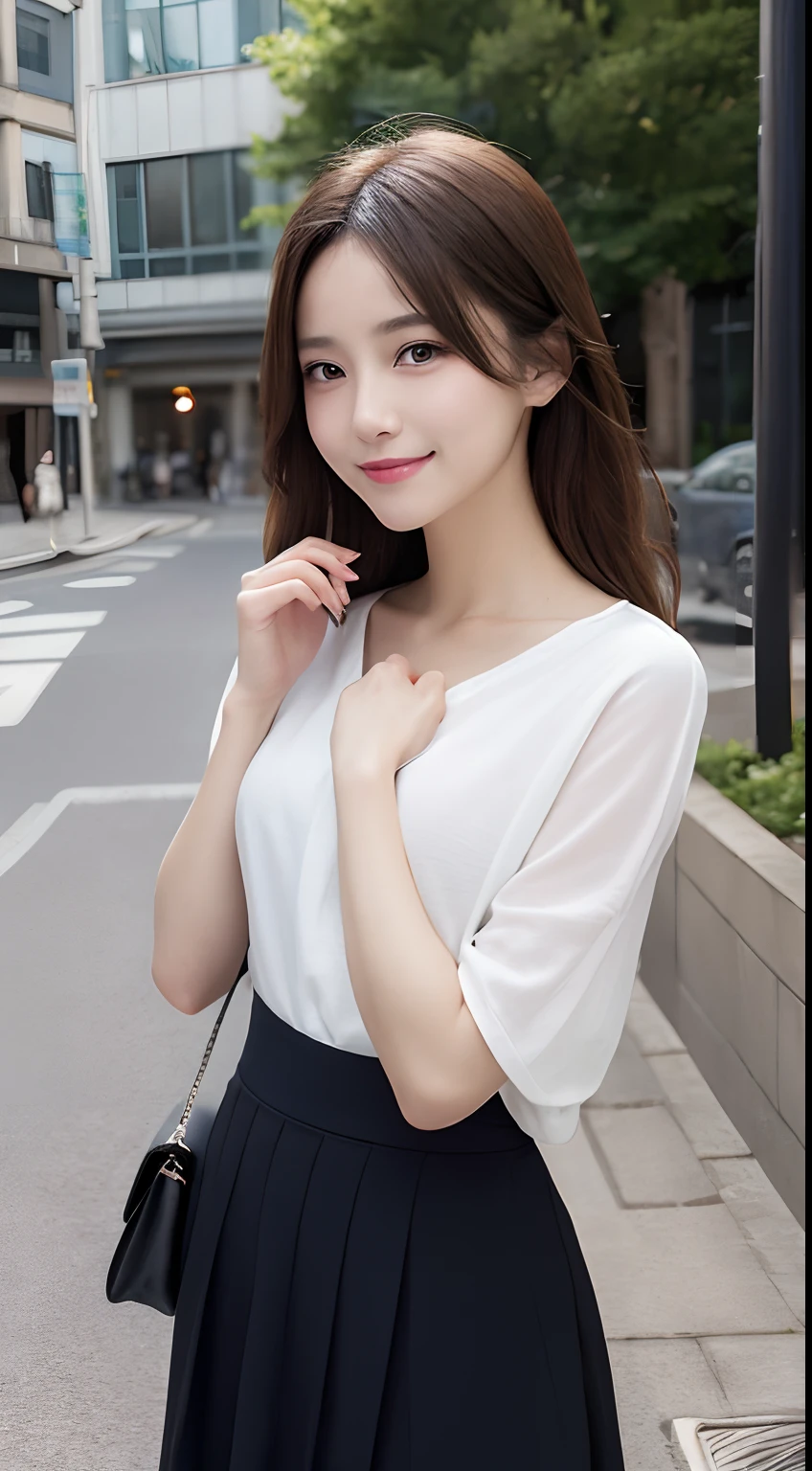 masutepiece, Best Quality, Illustration, Ultra-detailed, finely detail, hight resolution, 8K Wallpaper, Perfect dynamic composition, Beautiful detailed eyes, doress,Medium Hair,mid-chest, Natural Color Lip, Random and sexy poses,Smile,Aoyama Street Walk