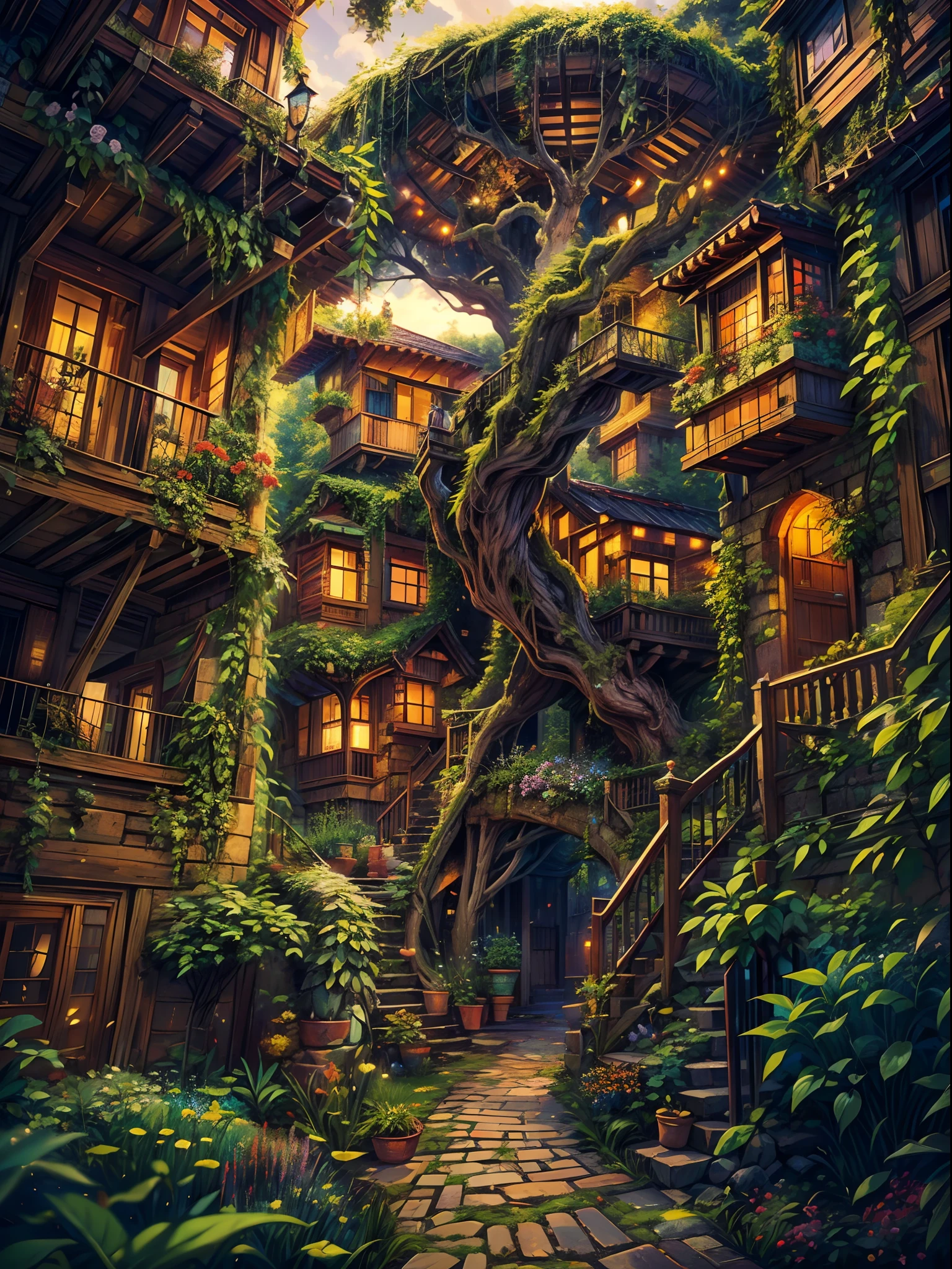 (best quality,4k,8k,highres,masterpiece:1.2),ultra-detailed,(realistic,photorealistic,photo-realistic:1.37),otherworldly city,a city on a tree,a giant world tree with long and big vines,large-sized colorful houses suspended in mid-air by the vines,houses hanging on the branches of the tree,far shot,magical atmosphere,dreamlike scenery,mesmerizing colors,dazzling lights,vibrant and vivid cityscape,ethereal glow,whimsical architecture,impressive scale of the city,detailed foliage on the tree,elaborate textures on the houses,depth and dimension in the composition,immersive and grand view,enchanted setting,lush greenery,beautifully entwining vines,majestic and awe-inspiring tree,mythical and fantastical world,revel in the beauty of nature and civilization,unforgettable and breathtaking scenery,explore the secrets hidden within the city on the tree.
