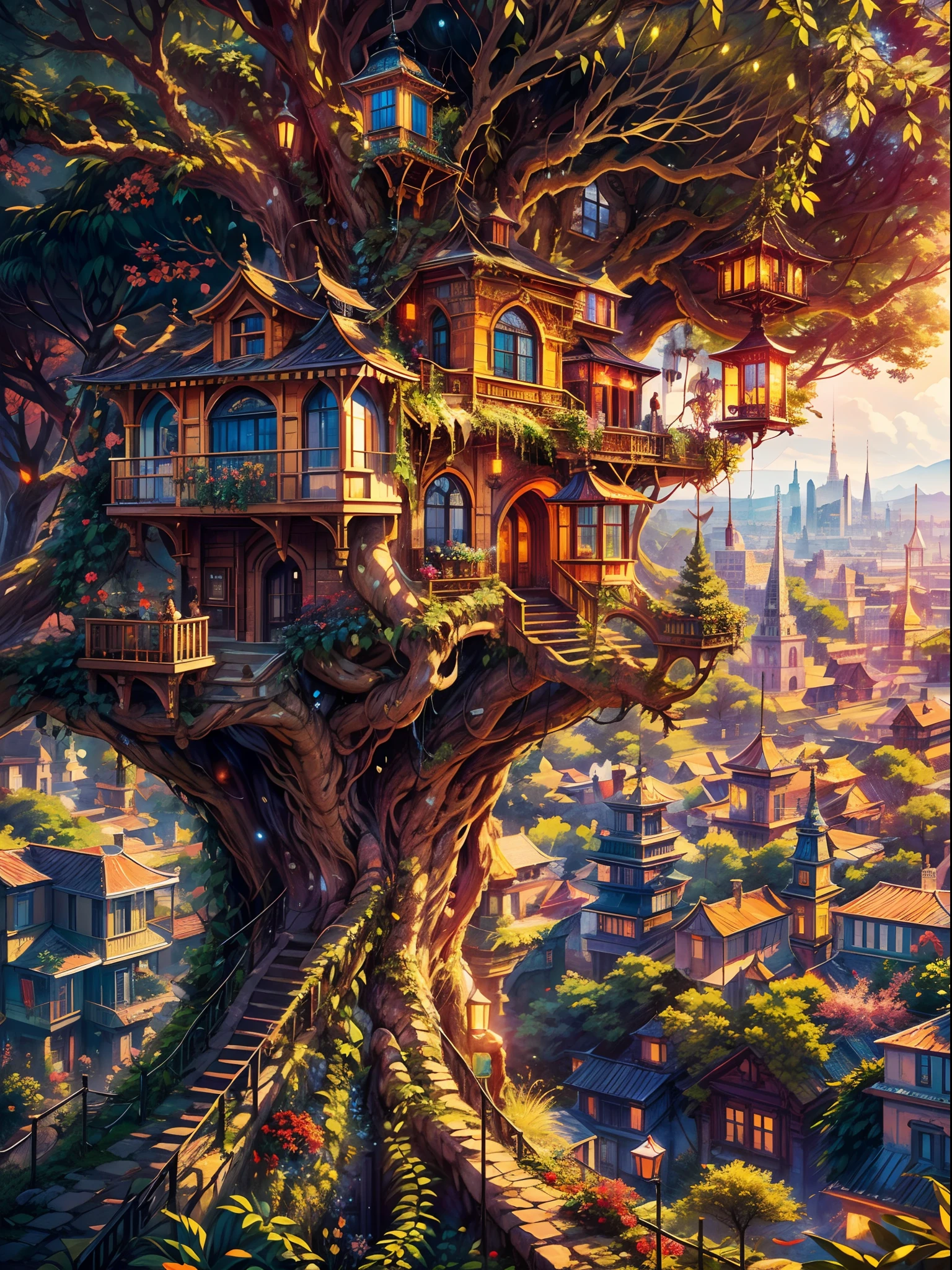 (best quality,4k,8k,highres,masterpiece:1.2),ultra-detailed,(realistic,photorealistic,photo-realistic:1.37),otherworldly city,a city on a tree,a giant world tree with long and big vines,large-sized colorful houses suspended in mid-air by the vines,houses hanging on the branches of the tree,far shot,magical atmosphere,dreamlike scenery,mesmerizing colors,dazzling lights,vibrant and vivid cityscape,ethereal glow,whimsical architecture,impressive scale of the city,detailed foliage on the tree,elaborate textures on the houses,depth and dimension in the composition,immersive and grand view,enchanted setting,lush greenery,beautifully entwining vines,majestic and awe-inspiring tree,mythical and fantastical world,revel in the beauty of nature and civilization,unforgettable and breathtaking scenery,explore the secrets hidden within the city on the tree.