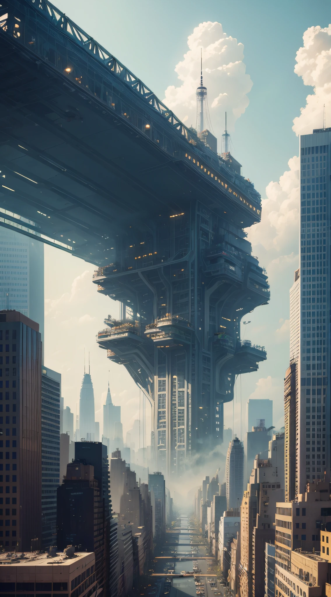 new york in the future, Animals and plants live in symbiosis with human cities，The concept of urban low-carbon environmental protection is in-depth，The city is clean and bright，There are flying machines in the sky，Smart machine manufacturing plant，boisterous，Busy work，Very many people，industry，heavy metal，Futuristic，Large wide angle，large scene，8K