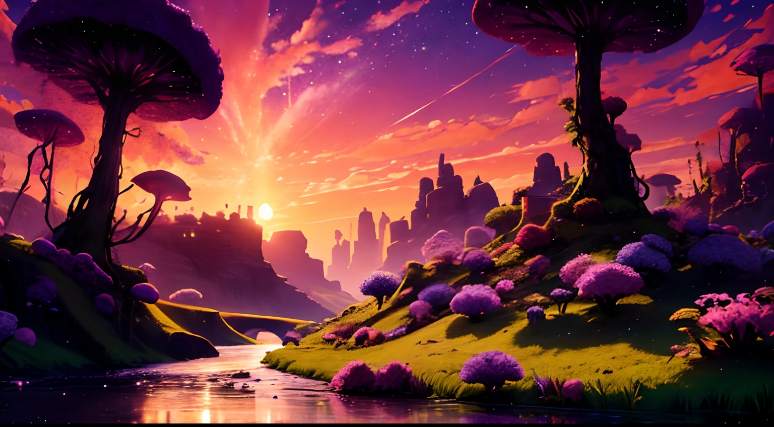 Fantasy meadow, tree with purple leaves, sunset, glowing light particles in the leaves, river