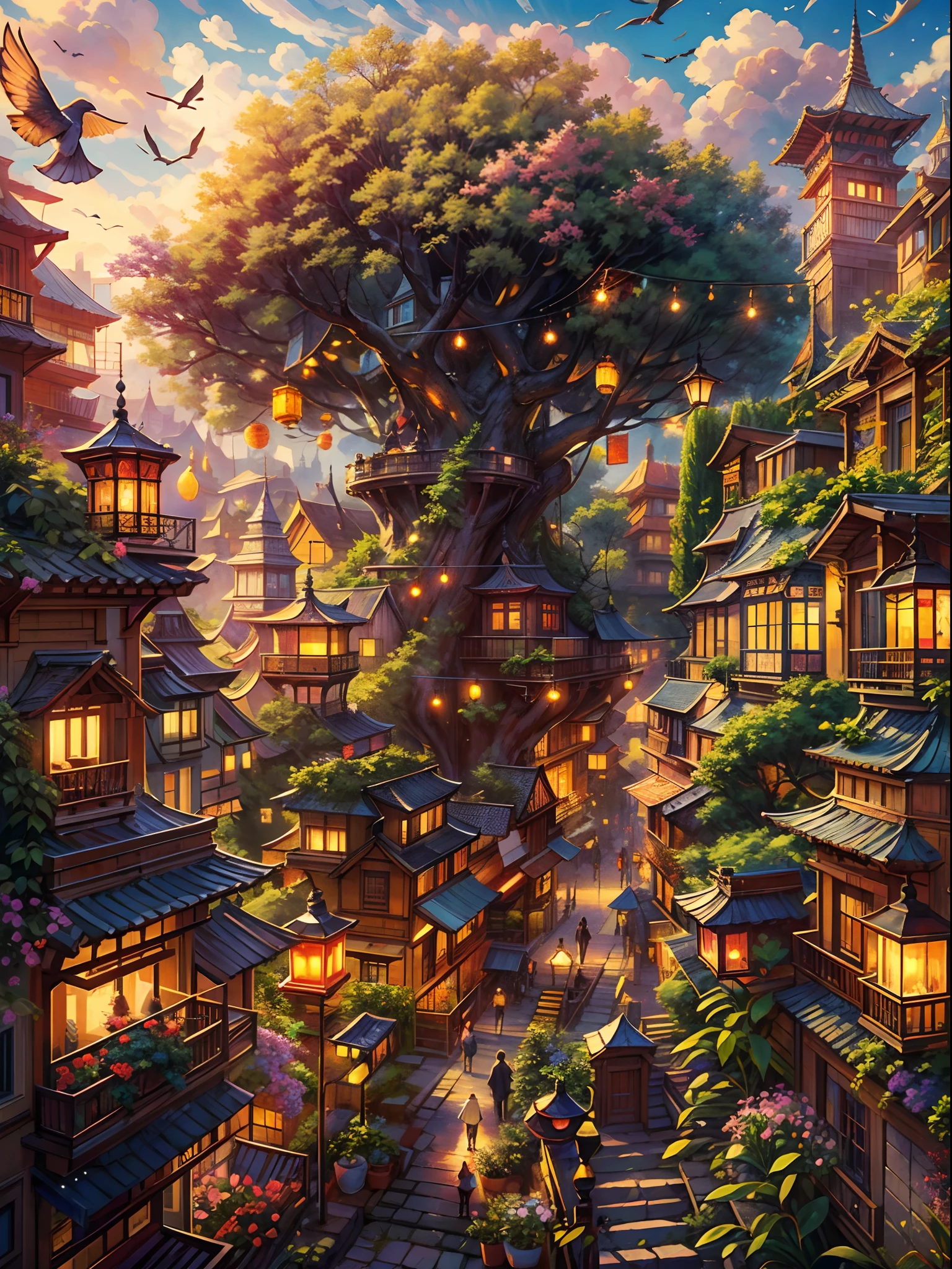 (best quality,highres,masterpiece:1.2),ultra-detailed,realistic, otherworldly city, a city on a tree, a giant world tree with long and big vines, countless houses hanging in mid-air by the vines, houses hanging on the branches of the tree, far shot, surreal, dreamlike, vibrant colors, soft lighting, ethereal atmosphere, breathtaking, imaginative architecture, intricate details, intricate patterns, ancient and mystical, magical ambiance, floating clouds, floating lanterns, lit windows, bustling streets, unique perspective, birds flying around, winding paths, hidden staircases, mysterious doorways, stairways leading up to the skies, a mix of modern and ancient elements, people walking in awe, childlike wonder, peaceful and serene, harmony with nature, vertical cityscape.