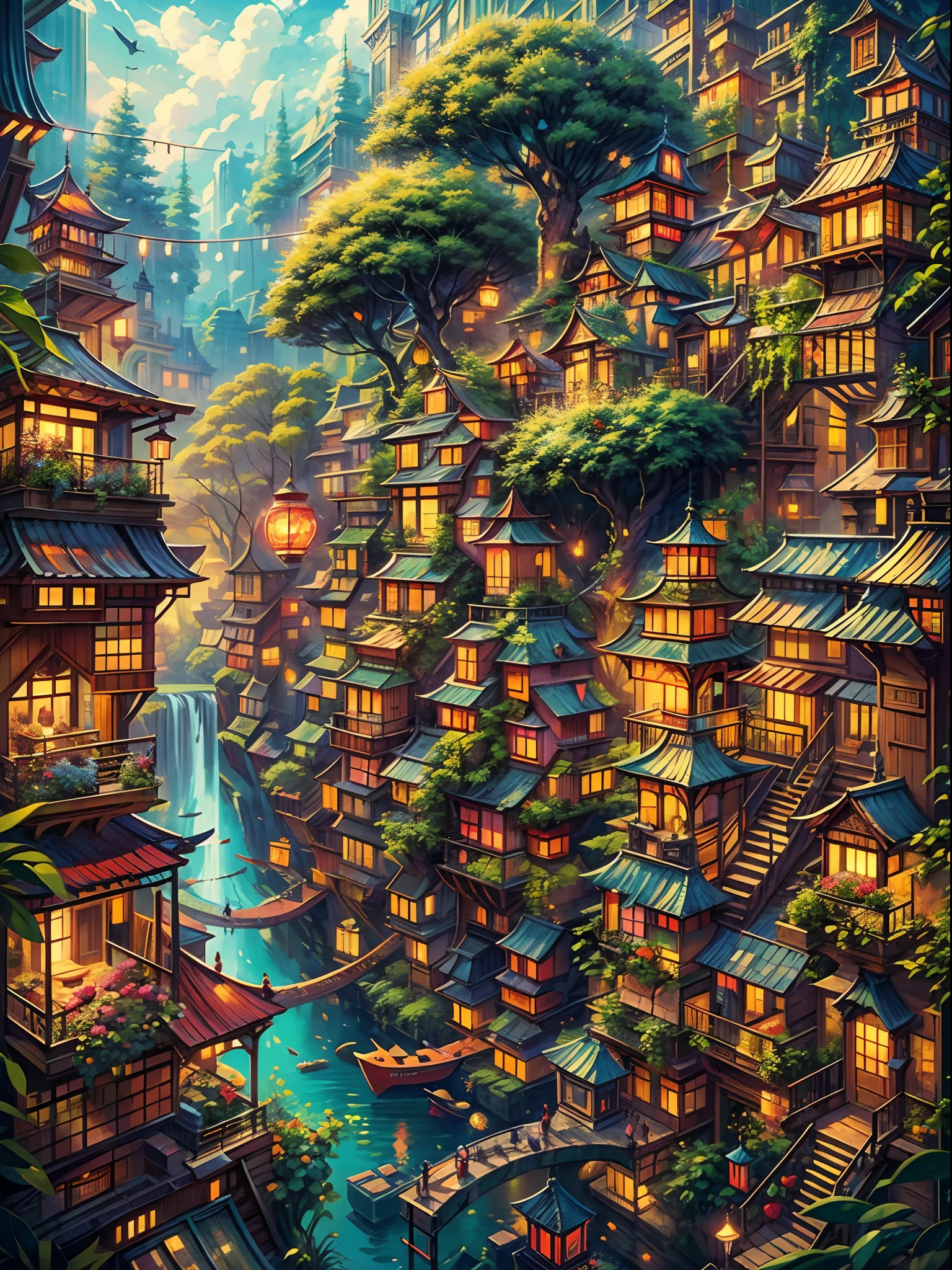 (best quality,highres,masterpiece:1.2),ultra-detailed,realistic, otherworldly city, a city on a tree, a giant world tree with long and big vines, countless houses hanging in mid-air by the vines, houses hanging on the branches of the tree, far shot, surreal, dreamlike, vibrant colors, soft lighting, ethereal atmosphere, breathtaking, imaginative architecture, intricate details, intricate patterns, ancient and mystical, magical ambiance, floating clouds, floating lanterns, lit windows, bustling streets, unique perspective, birds flying around, winding paths, hidden staircases, mysterious doorways, stairways leading up to the skies, a mix of modern and ancient elements, people walking in awe, childlike wonder, peaceful and serene, harmony with nature, vertical cityscape.