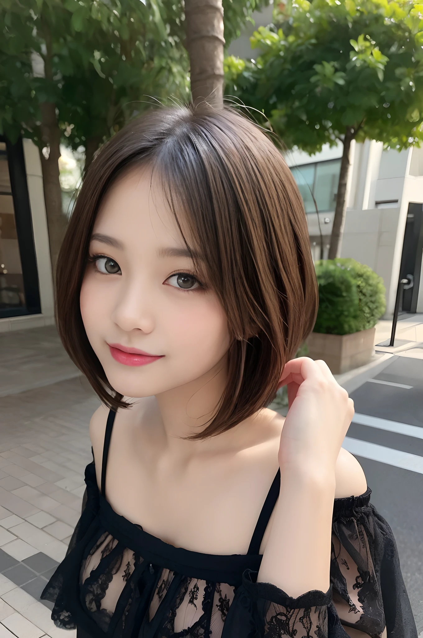 masutepiece, Best Quality, Illustration, Ultra-detailed, finely detail, hight resolution, 8K Wallpaper, Perfect dynamic composition, Beautiful detailed eyes, Women's Fashion Summer,Short bob hair,Small breasts natural color lip, Bold sexy poses,Smile,Harajuku、20 years girl、Cute、Sexy shot looking at camera