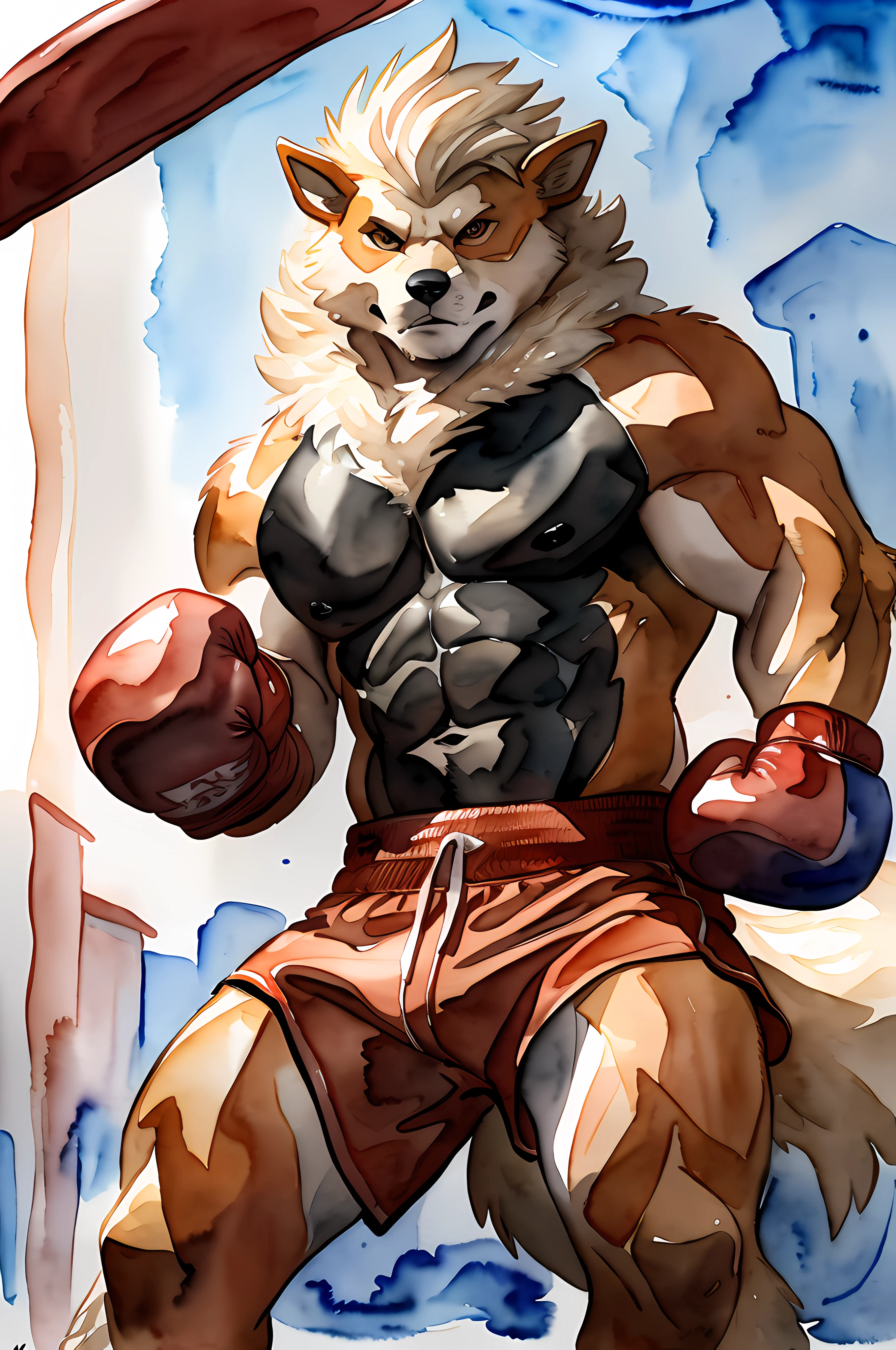 anthro Arcanine, wearing boxing gloves. 4k, high resolution, best quality, posted on e621, (solo:1.2), anthro body, male, (mane:1.1), adult, masculine, (very muscular, heavyweight:1.2), correct anatomy, (white background:0.7), (watercolor background:1.3), (by wfa:1.2), (by chunie, by Taran Fiddler:0.8), (detailed eyes:1.2), (cel shaded:1.2), cartoony shading, (watercolors:1.2), (fluffy tail:1.2), (full body:1.3), (boxing gloves:1.1), (boxing trunks:1.2), (looking at viewer:1.2), bright eyes, (black stomach, black chest:1.2), (boxing shoes:1.2), angry eyes, cocky face, action pose, special watercolor effects